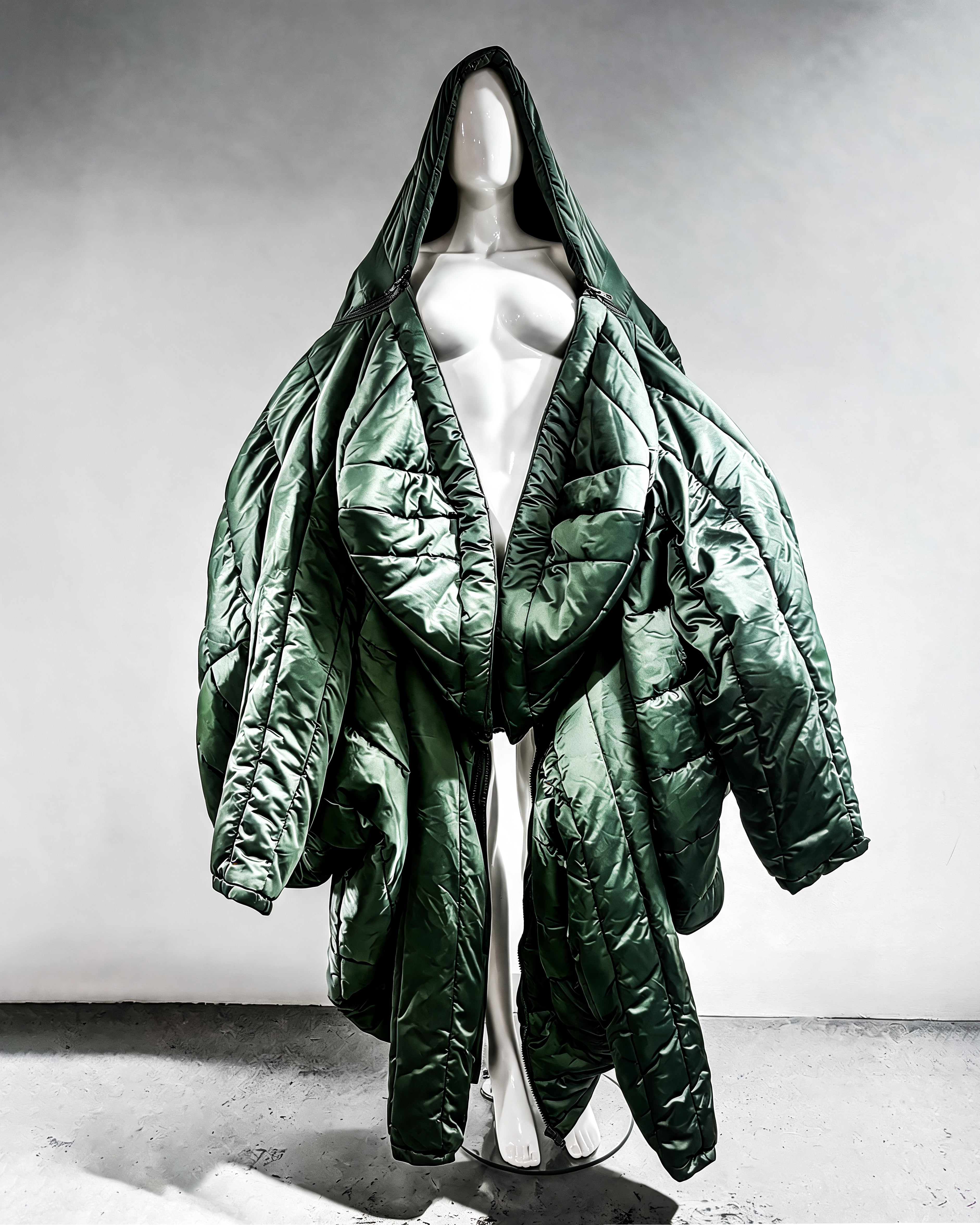 Green Shape PUF Reimagined luxury avant garde Coat repurposed wearable sculpture puffer coat by ATÉLIER JIVOMIR