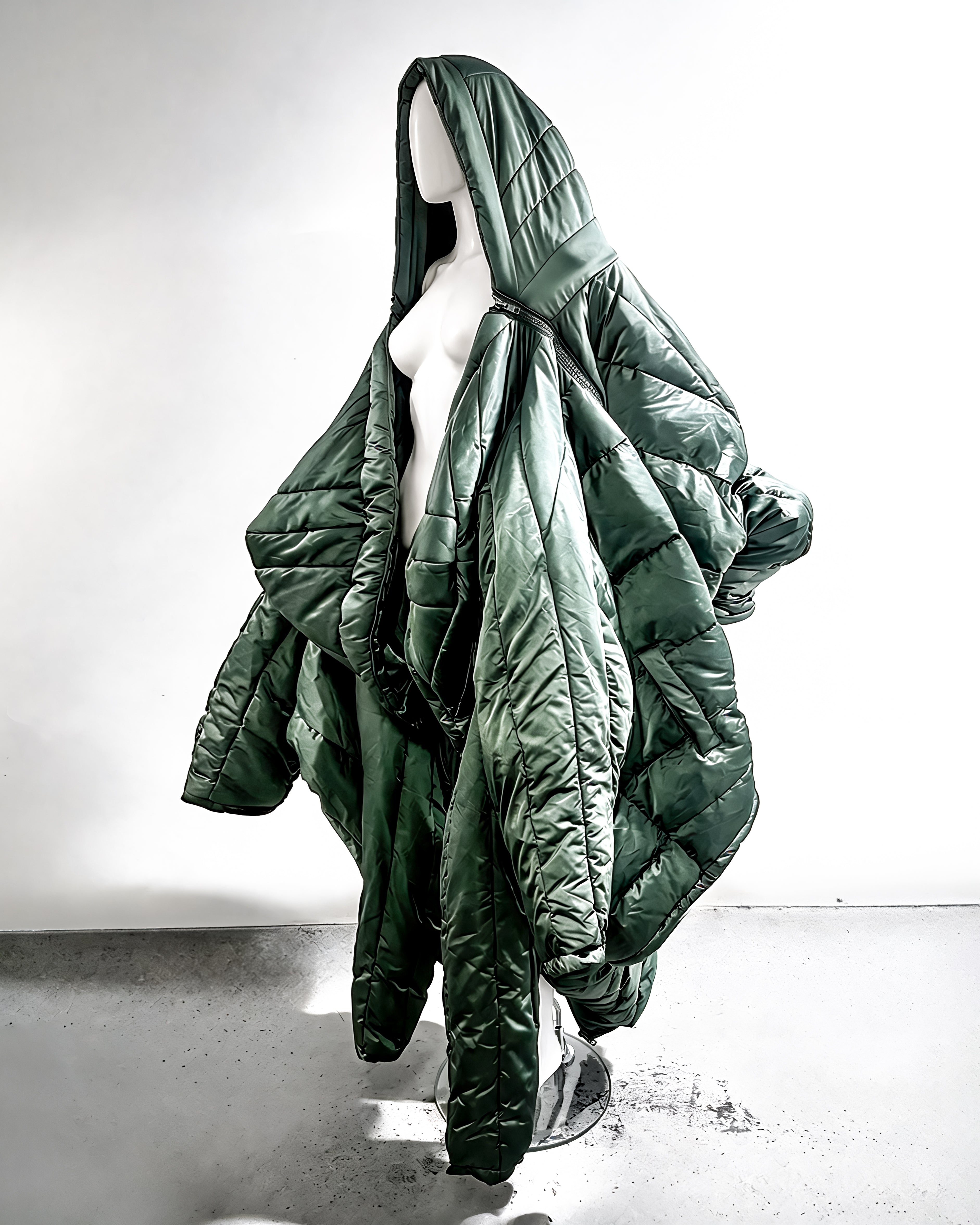 Green Shape PUF Reimagined luxury avant garde Coat repurposed wearable sculpture puffer coat by ATÉLIER JIVOMIR