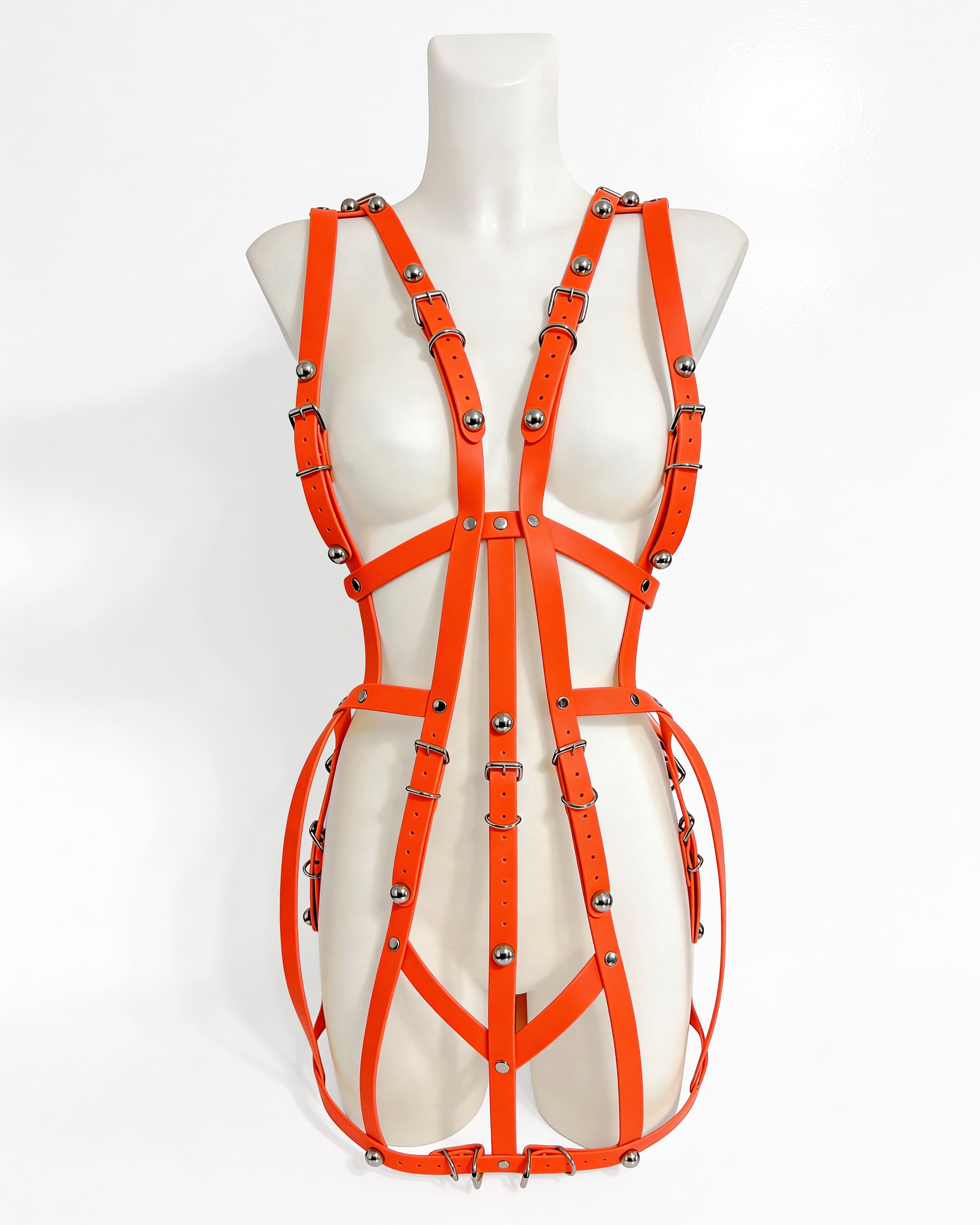 ATELIER JIVOMIR STRAPPE HARNESS DRESS VEGAN LUXURY NEON ORANGE