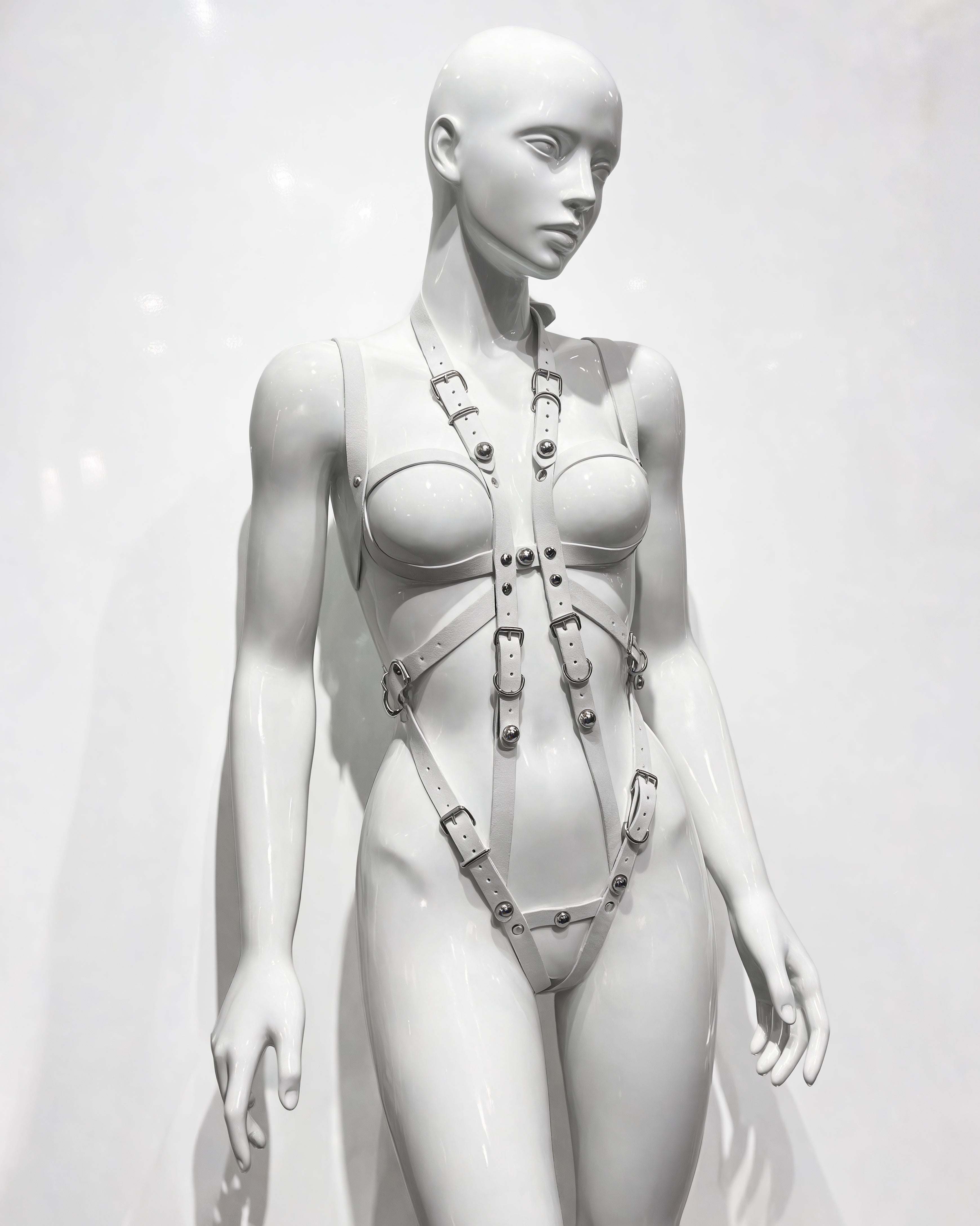 ATÉLIER JIVOMIR vegan bio strap onesIE LUXURY HARNESS dress neon RAVE FESTIVAL DANCE WEAR KINK
WHITE
