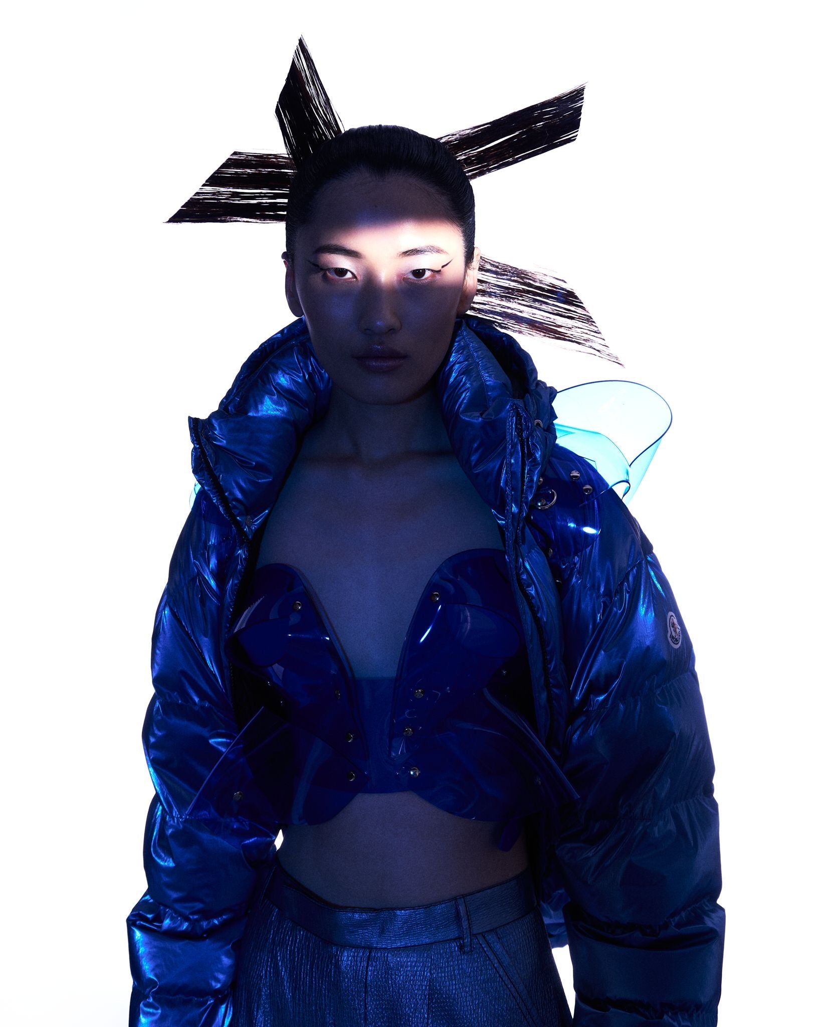 Jivomir Domoustchiev transparent blue vegan vinyl sculpture bustier bra STYLED EDITORIAL
