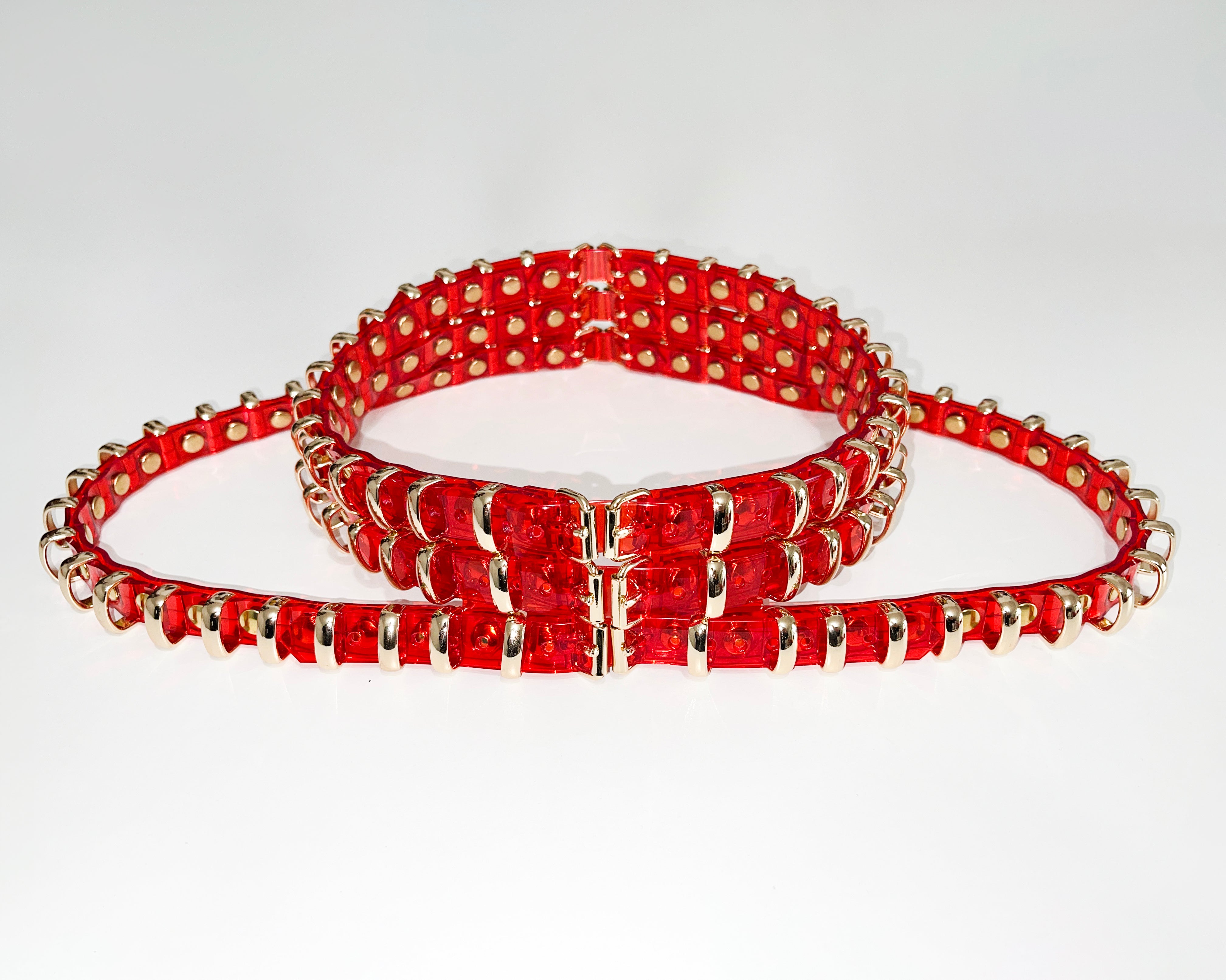 ATÉLIER JIVOMIR VEGAN VINYL ILLUSUION BELT LUXURY FASHION ACCESSORY GOLD SILVER TONE STUDDING CRAFTED COLLECTIBLE