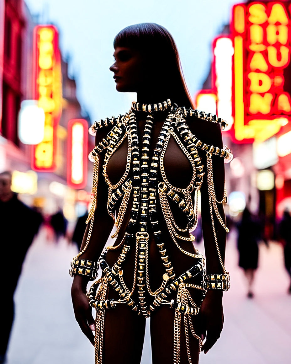 JIVOMIR DOMOUSTCHIEV VEGNA FASHION KINK MINI RING DRESS HARNESS CABARET SHOWGIRL SUPERHERO SUPERSTAR RECORDING ARTIST FUTURISTIC LUXURY GOLD