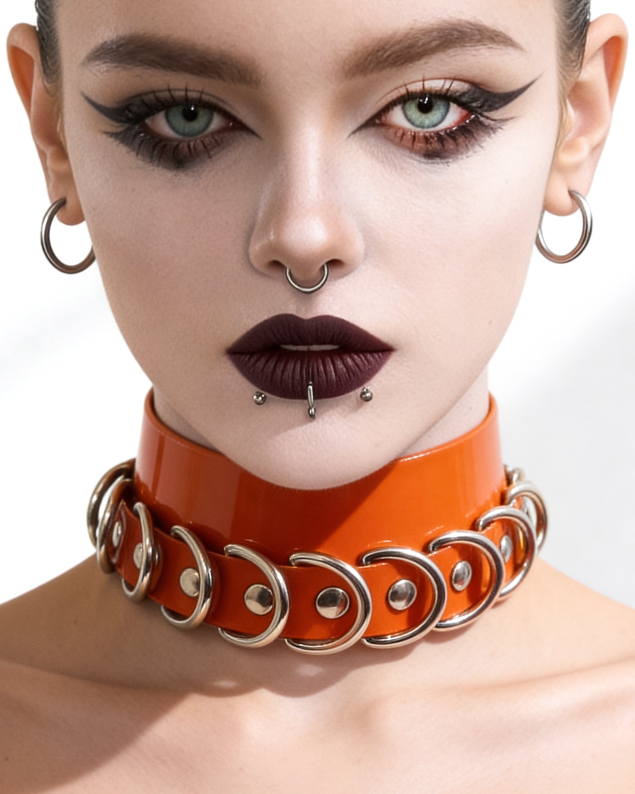 ATÉLIER JIVOMIR multi ring dog vegan vinyl collar luxury fashion accessory ORANGE