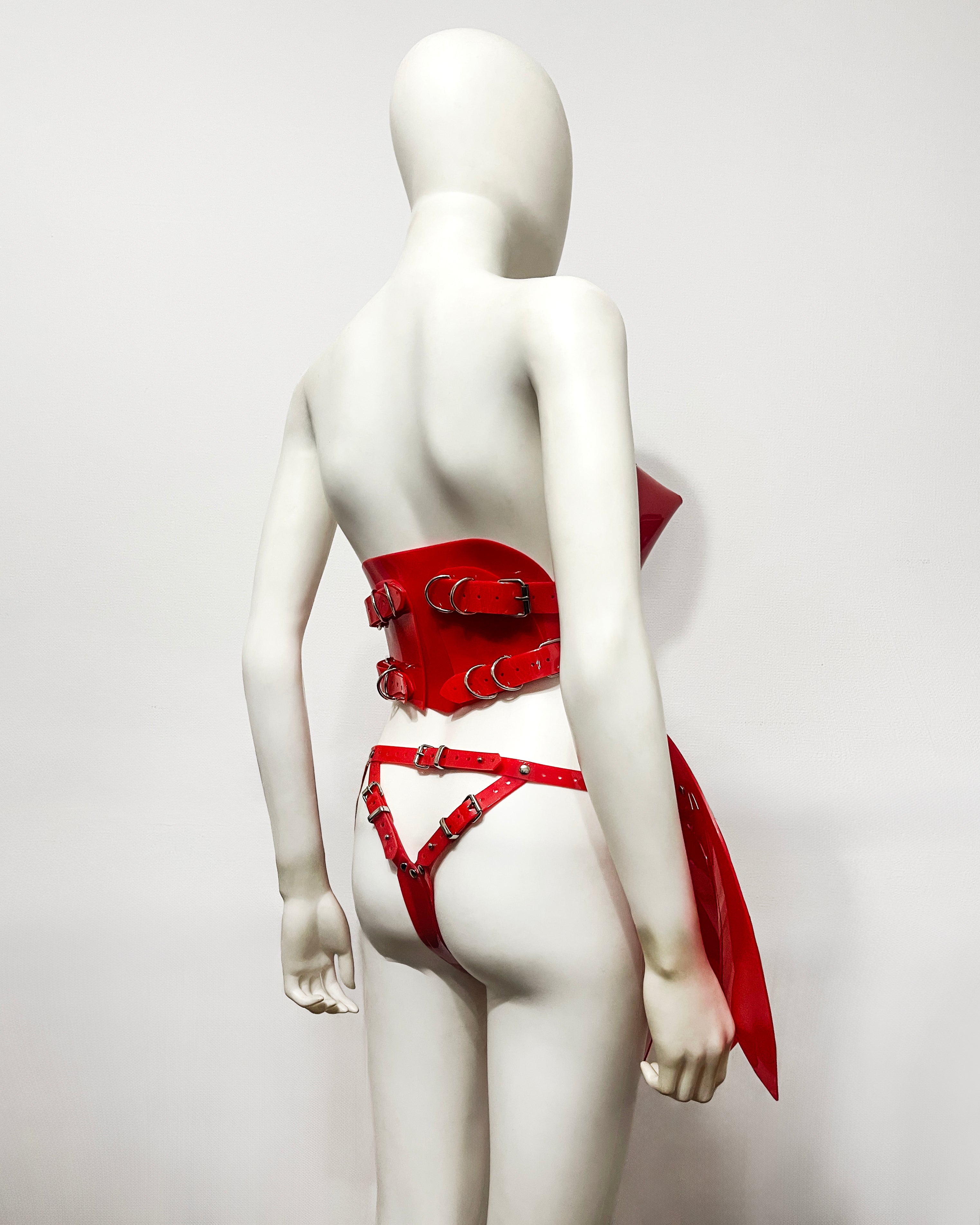 ATÉLIER JIVOMIR vegan vinyl mini little red dress sculpture backless