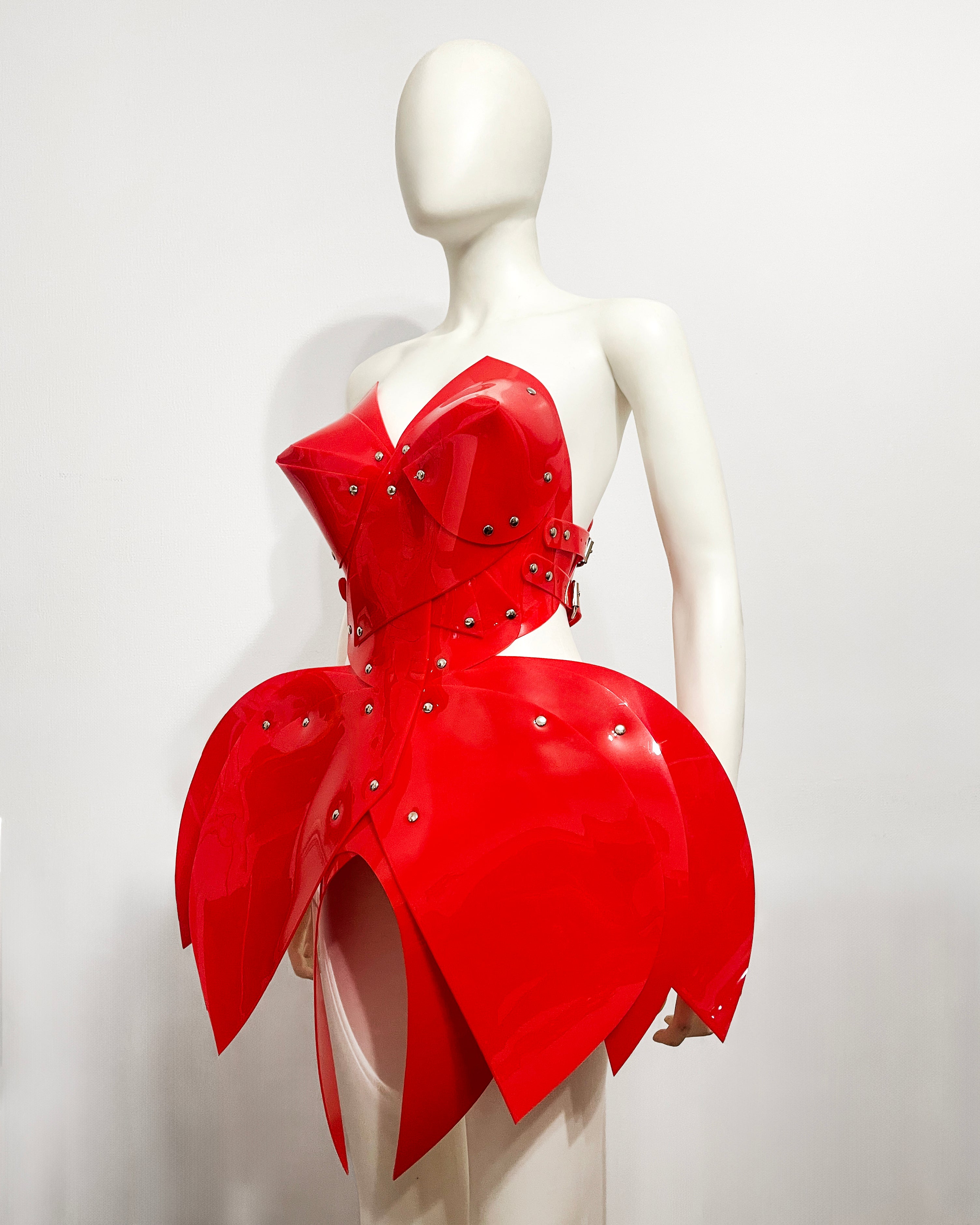 ATÉLIER JIVOMIR vegan vinyl mini little red dress sculpture kink fetish superhero cosplay luxury hand crafted designer must have crafted couture