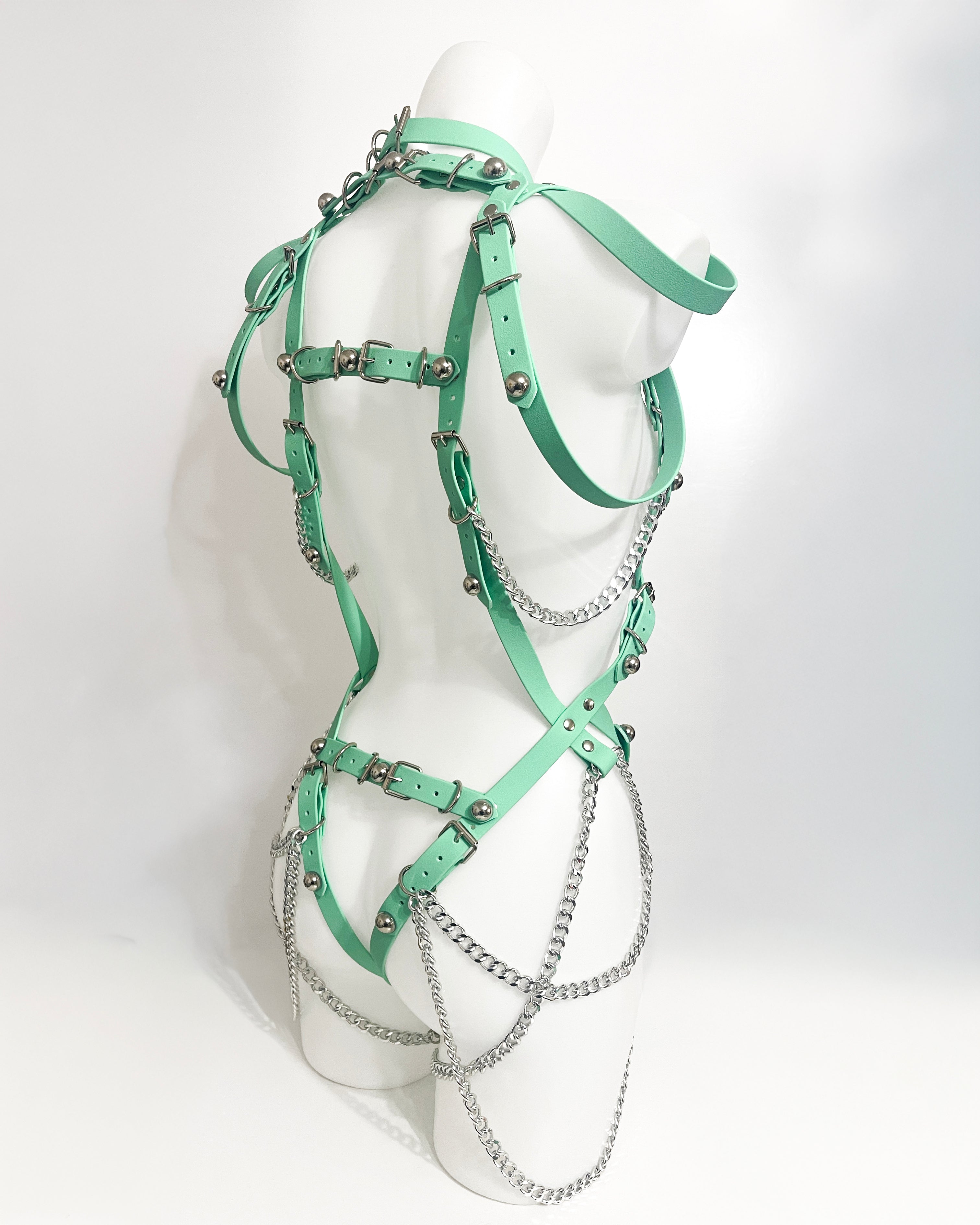 Strappe ATÉLIER JIVOMIR future fashion kink collection teal chain onesie