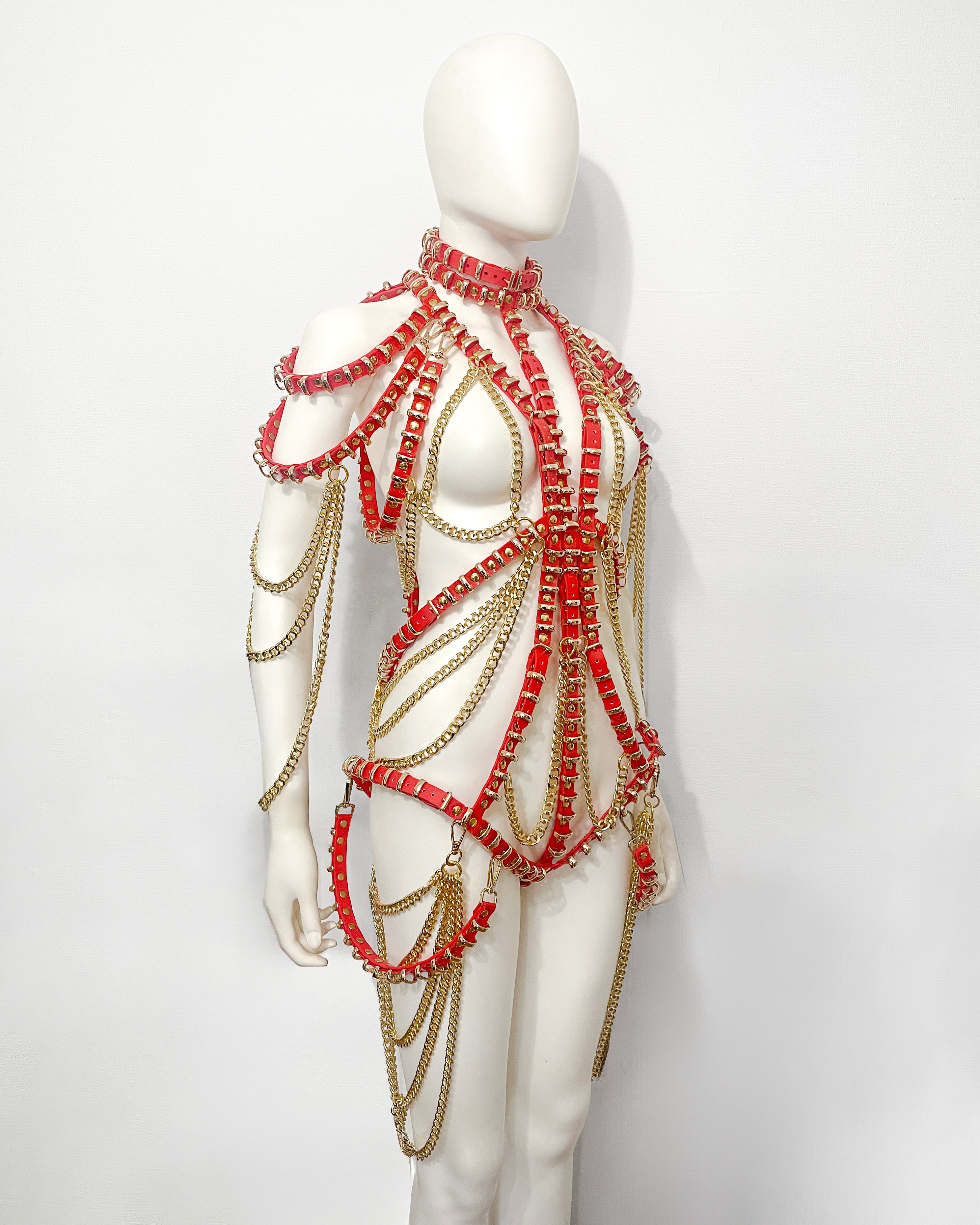 ATÉLIER JIVOMIR vegan luxury showgirl red gold chain ring dress