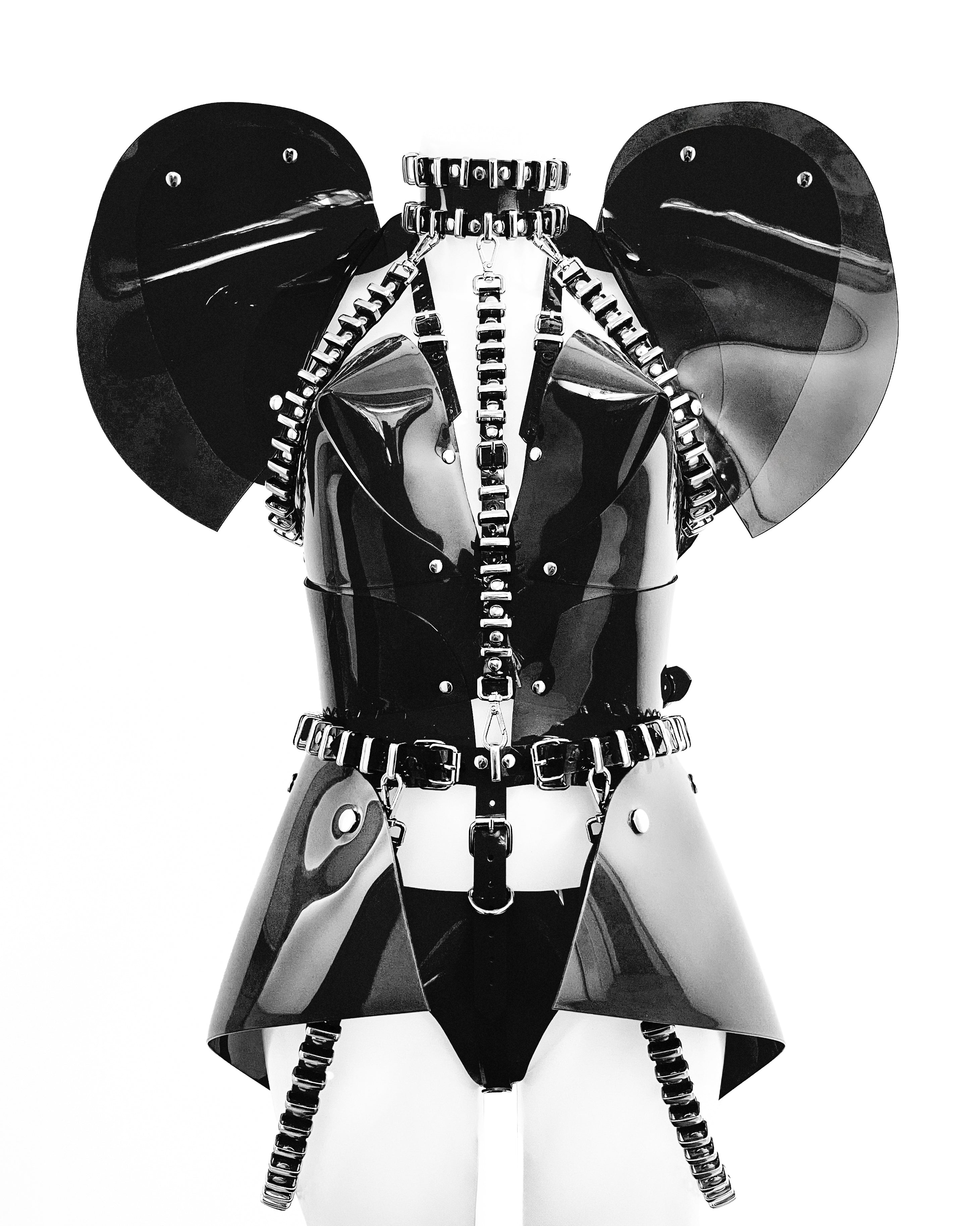 Jivomir Domoustchiev vegan vinyl pvc fashion hand crafted to order only in East London Atelier independent luxury brand sculpture onesie