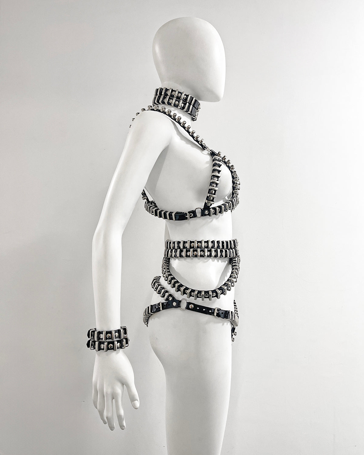 Jivomir Domoustchiev vegan vinyl pvc fashion wearable sculpture hand crafted to order only in East London Atelier independent luxury brand bras and panties knickers  braves set collar choker kink belt