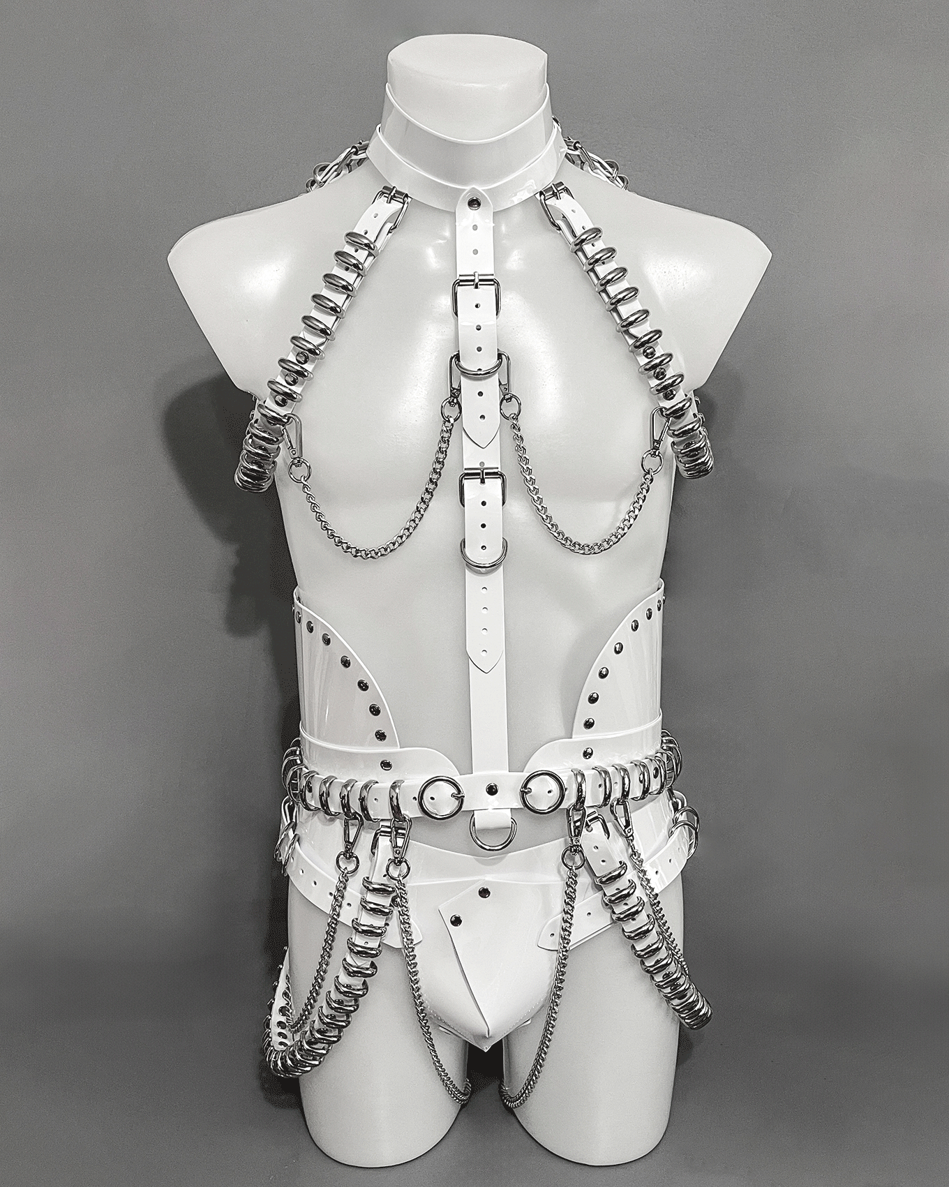 Lady Gaga Rain On Me Chromatica Multi Ring Chain Harness Dress by Jivomir Domoustchiev vegan celebrity fashion music video hand crafted luxury designer independent stage showgirl dream love