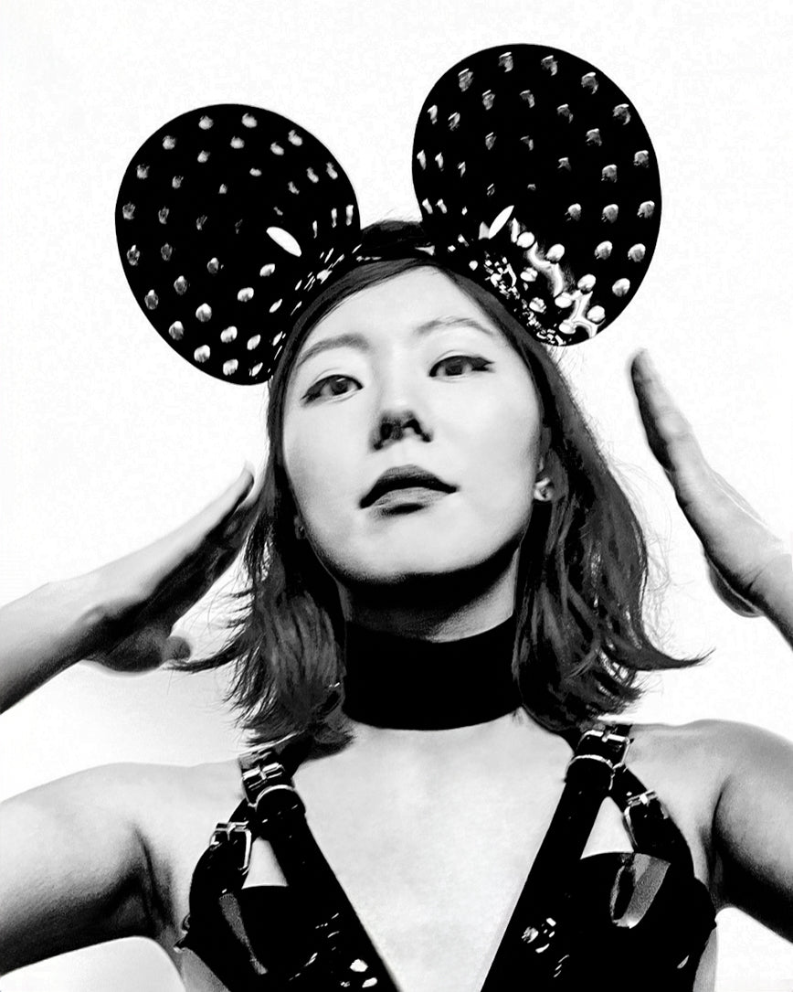 Jivomir Domoustchiev vegan vinyl pvc fashion wearable sculpture hand crafted to order only in East London Atelier independent luxury brand cuffs accessories headband giant  rave dance club cosplay dress must've