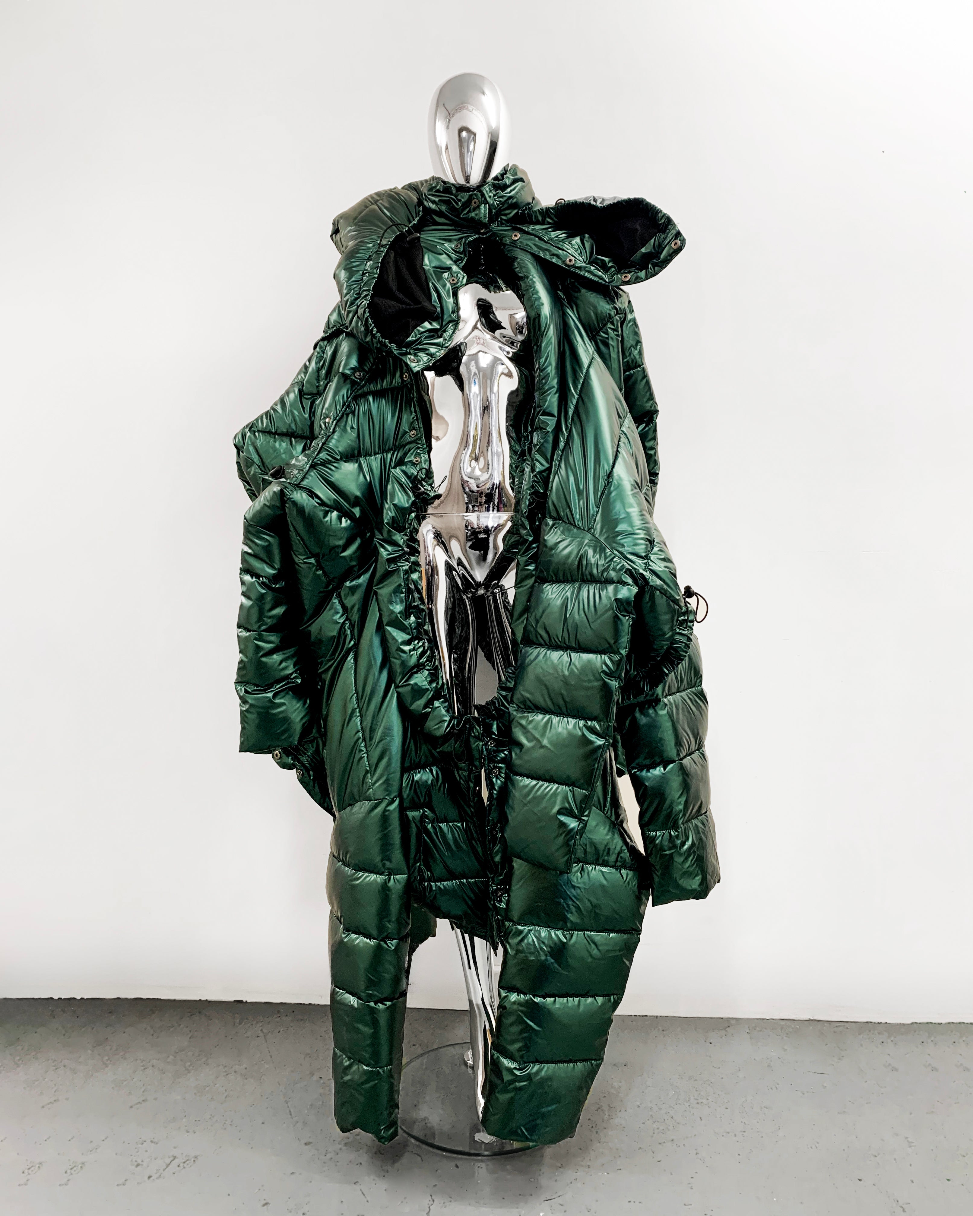 ATÉLIER JIVOMIR repurposed wearable sculpture puf coat teal metallic