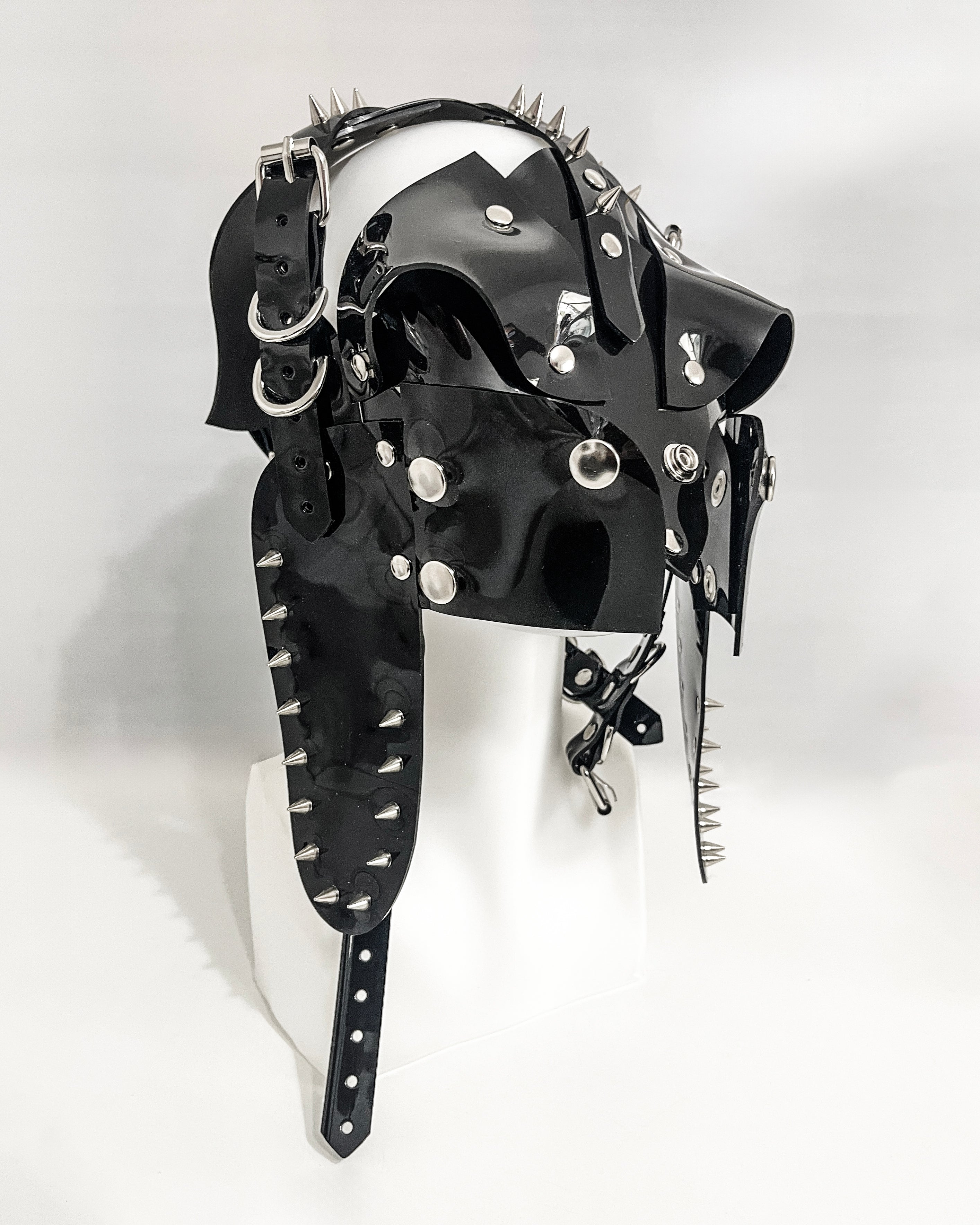 Atélier JIVOMIR vegan vinyl hand crafted helmet studded made to order pure fashion kink future cosplay  craft worldwide shipping must have fashion accessory