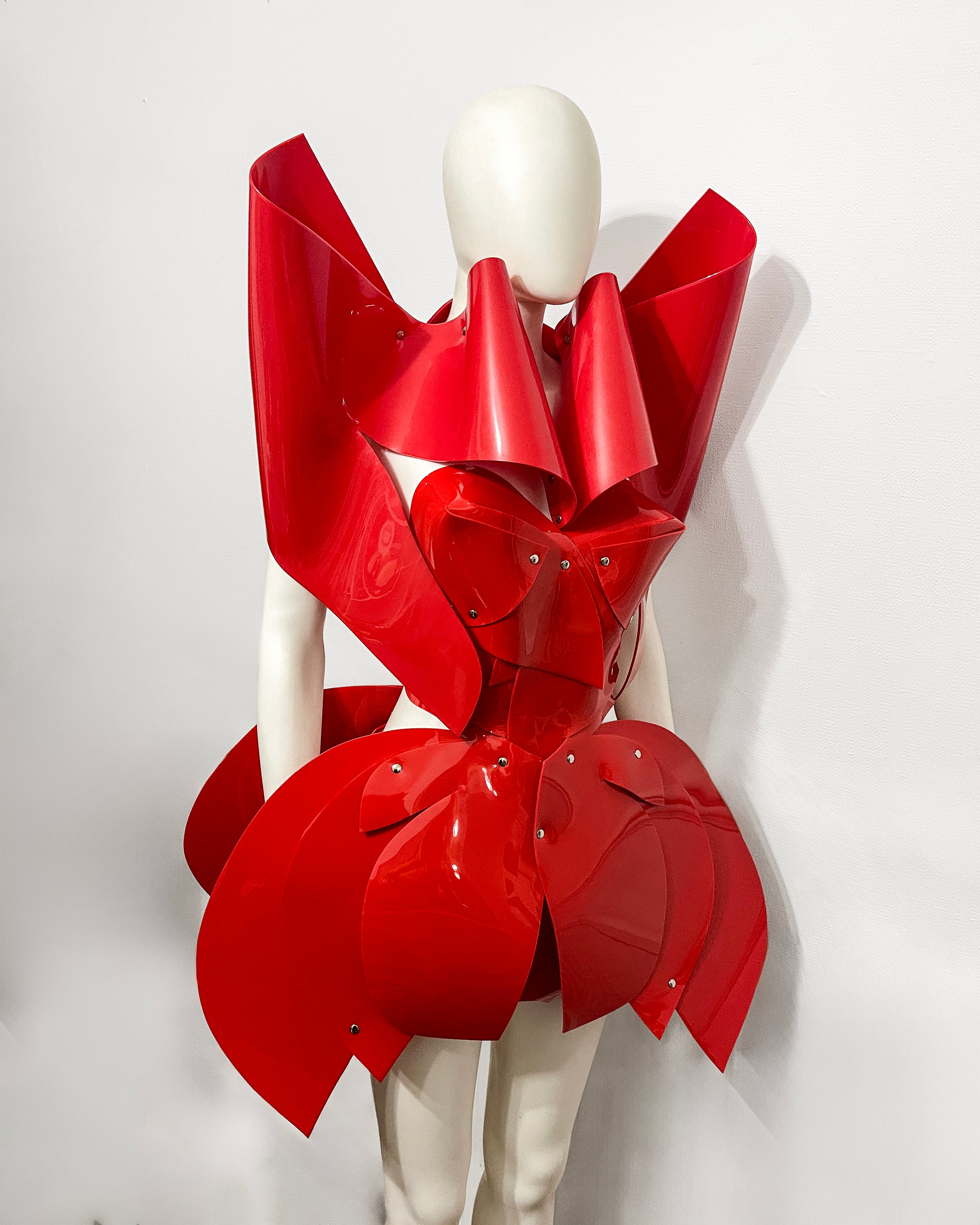 ATÉLIER JIVOMIR vegan vinyl mini little red dress sculpture kink fetish superhero cosplay luxury hand crafted designer must have crafted couture