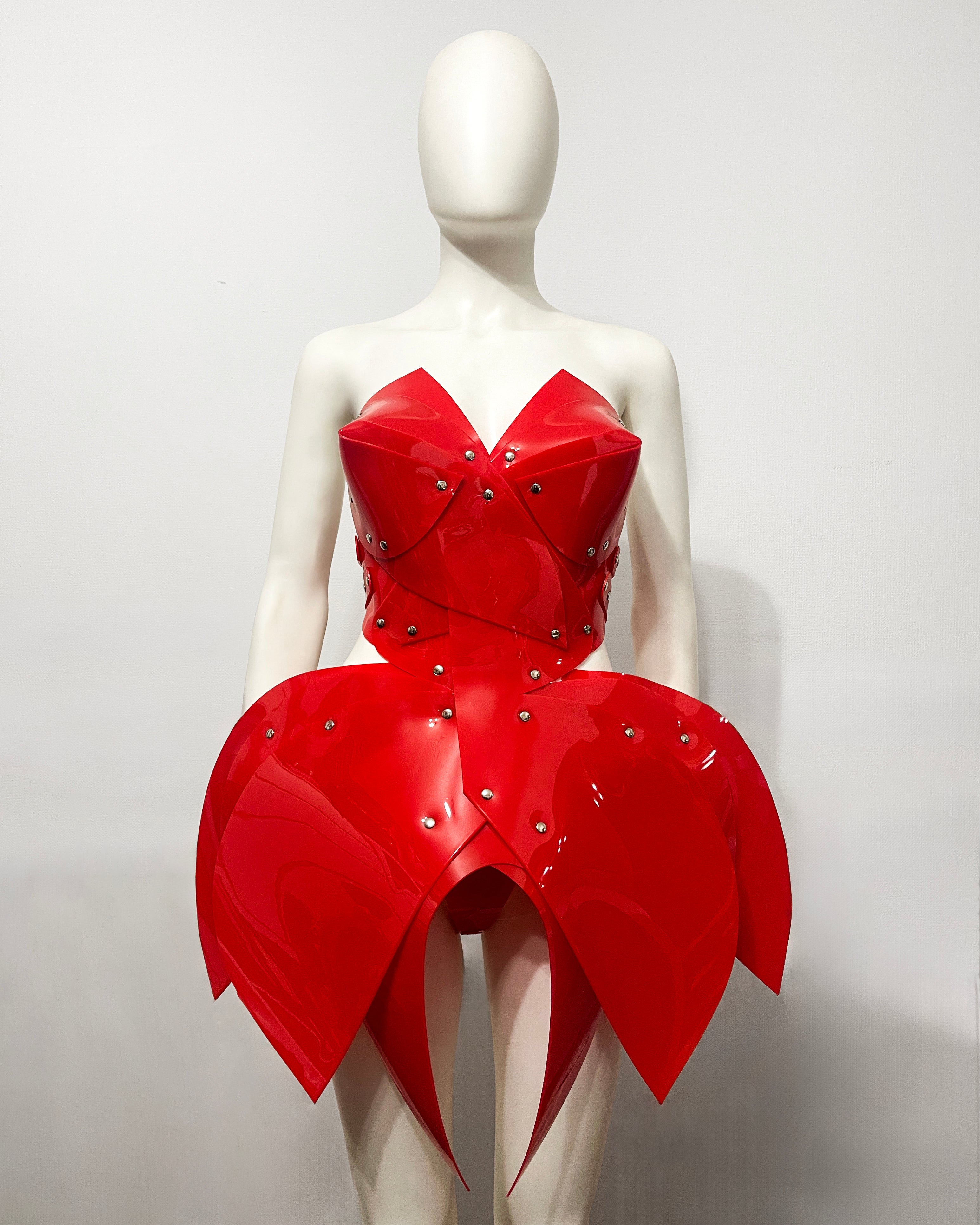 ATÉLIER JIVOMIR vegan vinyl mini little red dress sculpture kink fetish superhero