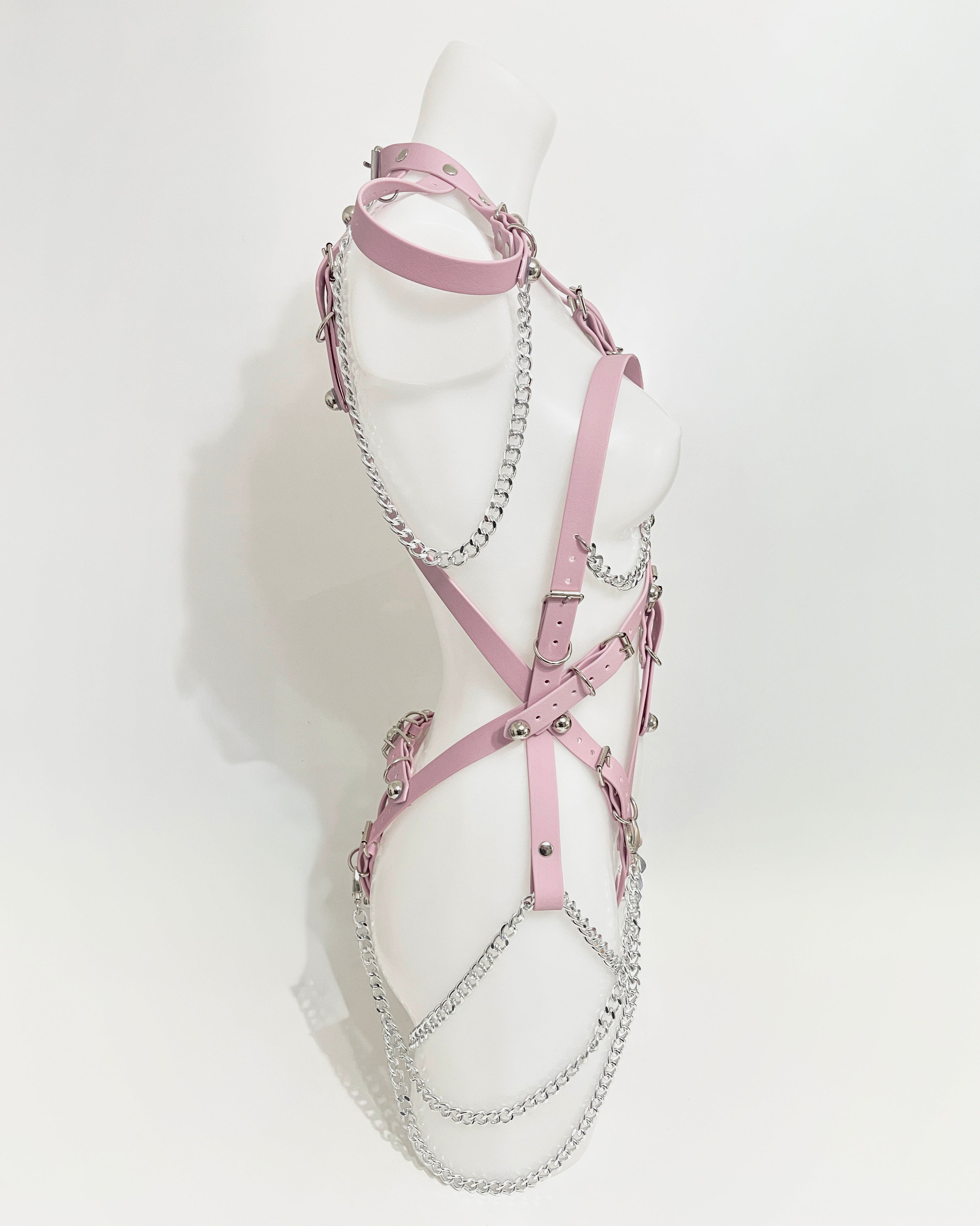 ATÉLIER JIVOMIR vegan bio strap lingerie club wear pink onesie chains