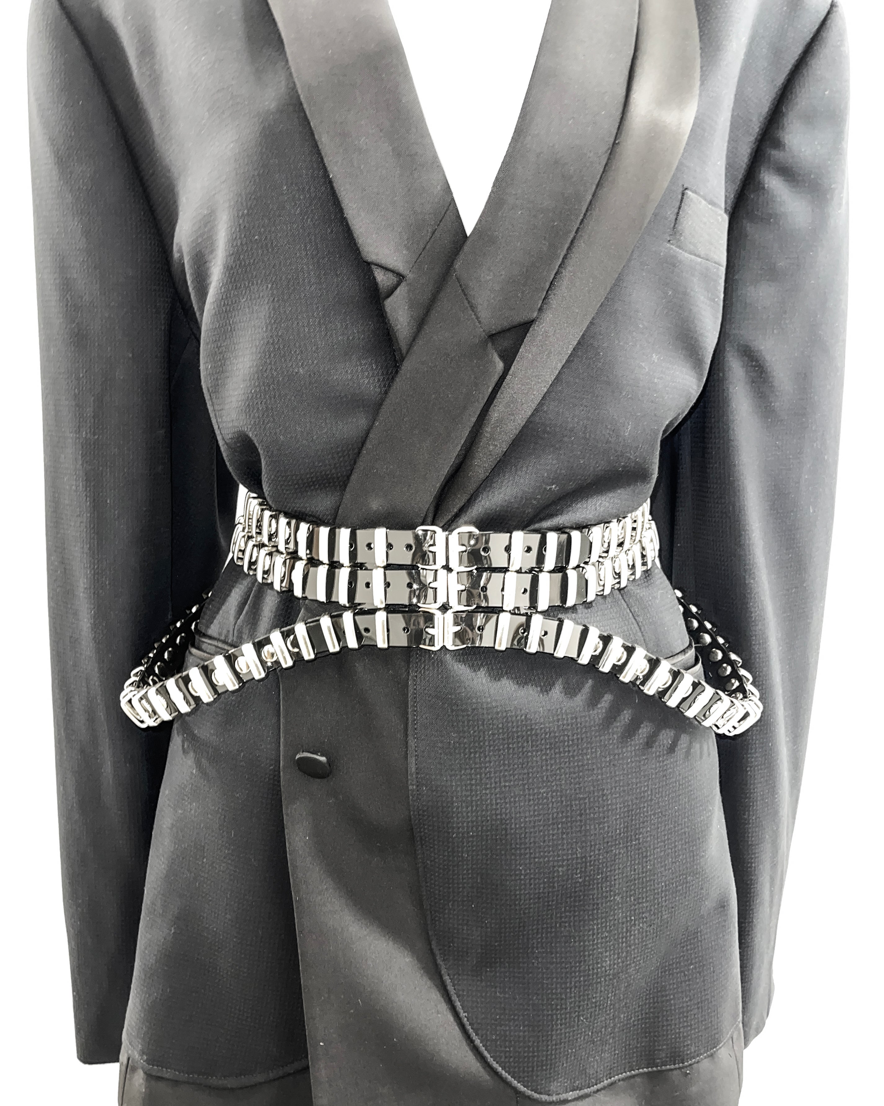 ATÉLIER JIVOMIR VEGAN VINYL ILLUSUION BELT LUXURY FASHION ACCESSORY GOLD SILVER TONE STUDDING CRAFTED COLLECTIBLE BLACK