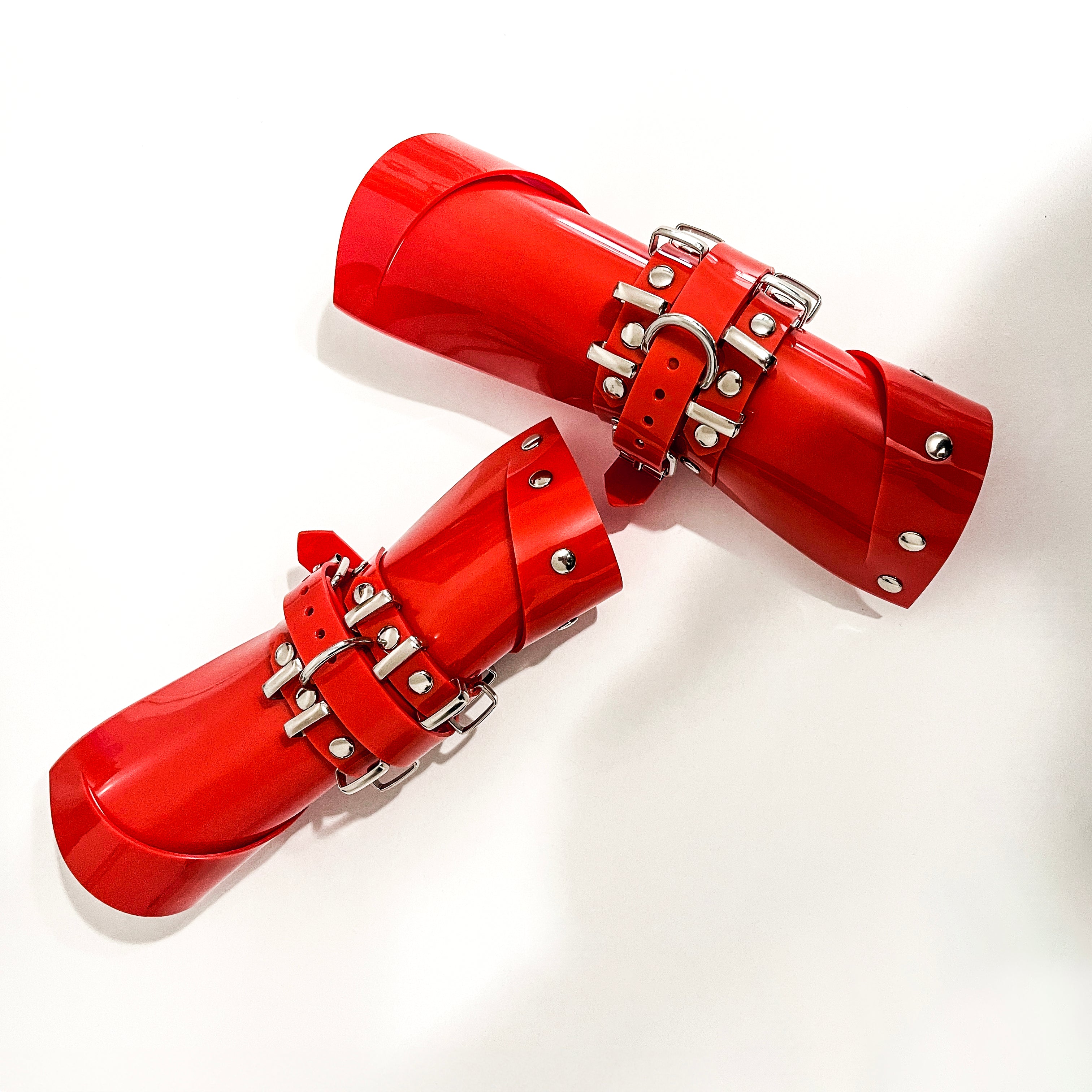 Jivomir Domoustchiev vegan vinyl sculpture cuffs with mini rings gauntlets cosplay ink fashion future