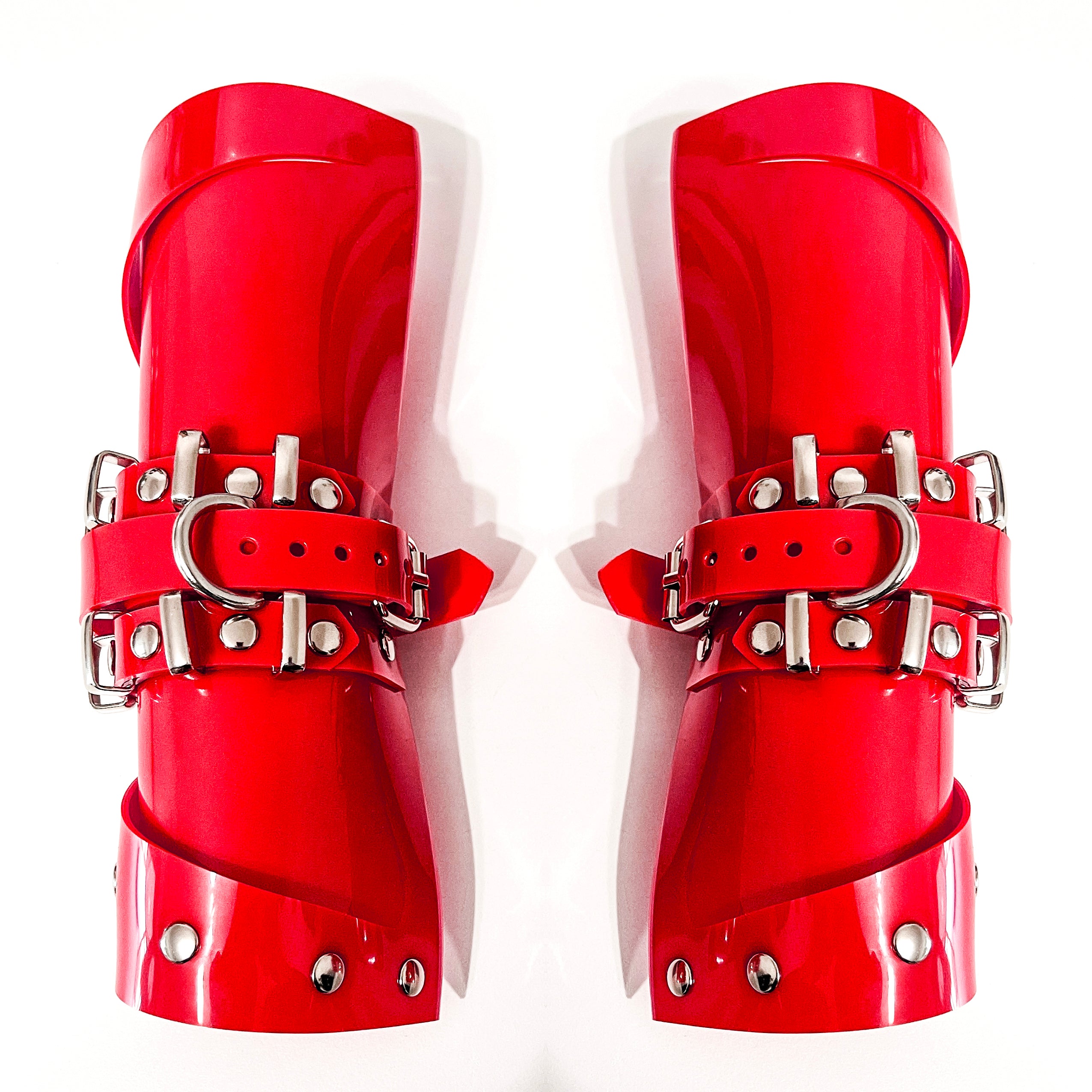 Jivomir Domoustchiev vegan vinyl sculpture cuffs with mini rings gauntlets cosplay ink fashion future