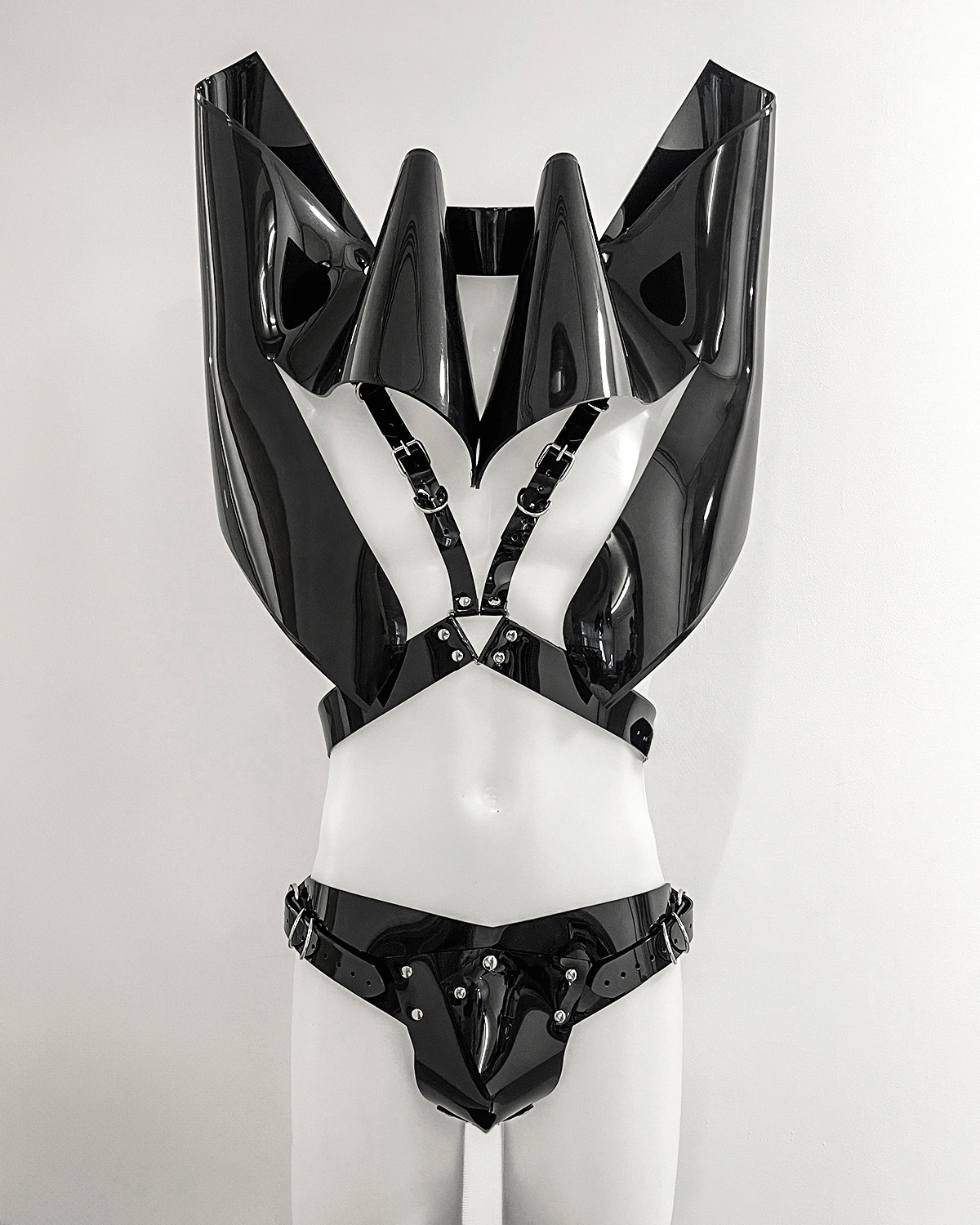 Mens vegan vinyl rave gladiator clubbing set by Jivomir Domoustchiev cosplay superhero future fashion hand crafted