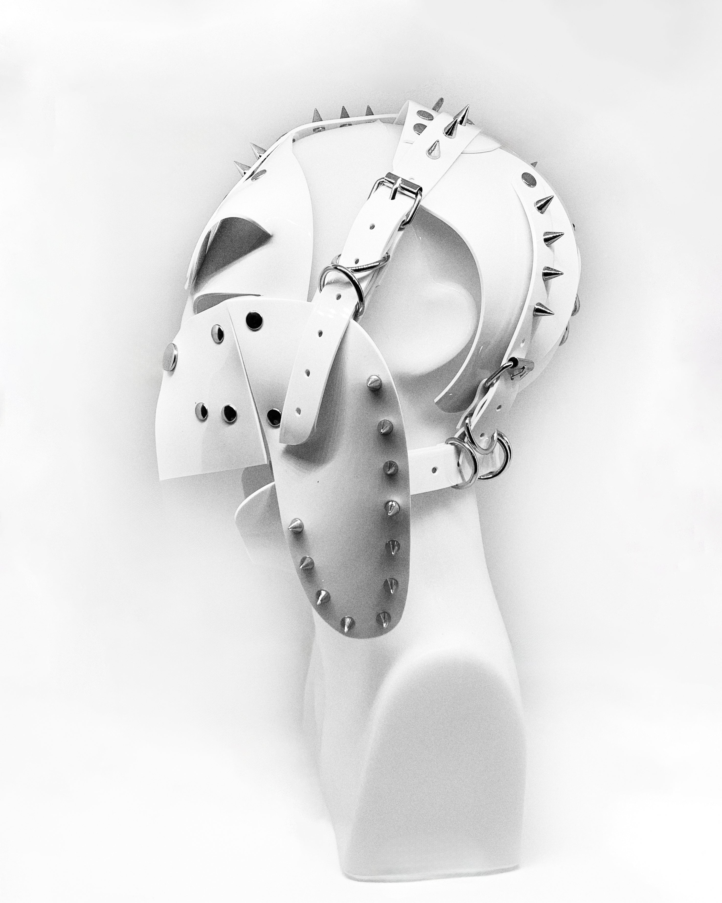 Atélier JIVOMIR vegan vinyl hand crafted helmet studded made to order pure fashion kink future cosplay  craft worldwide shipping must have fashion accessory