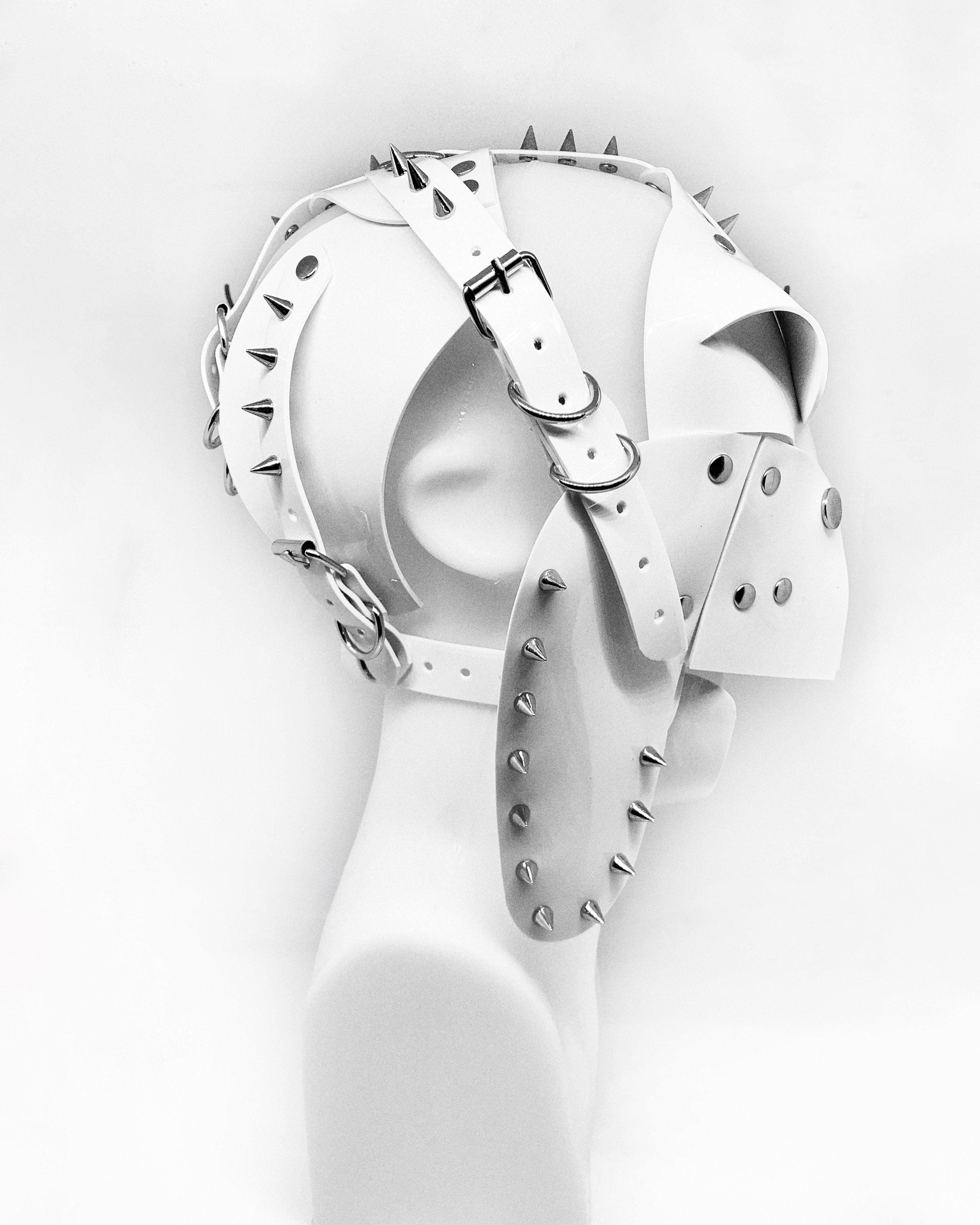 Atélier JIVOMIR vegan vinyl hand crafted helmet studded made to order pure fashion kink future cosplay  craft worldwide shipping must have fashion accessory