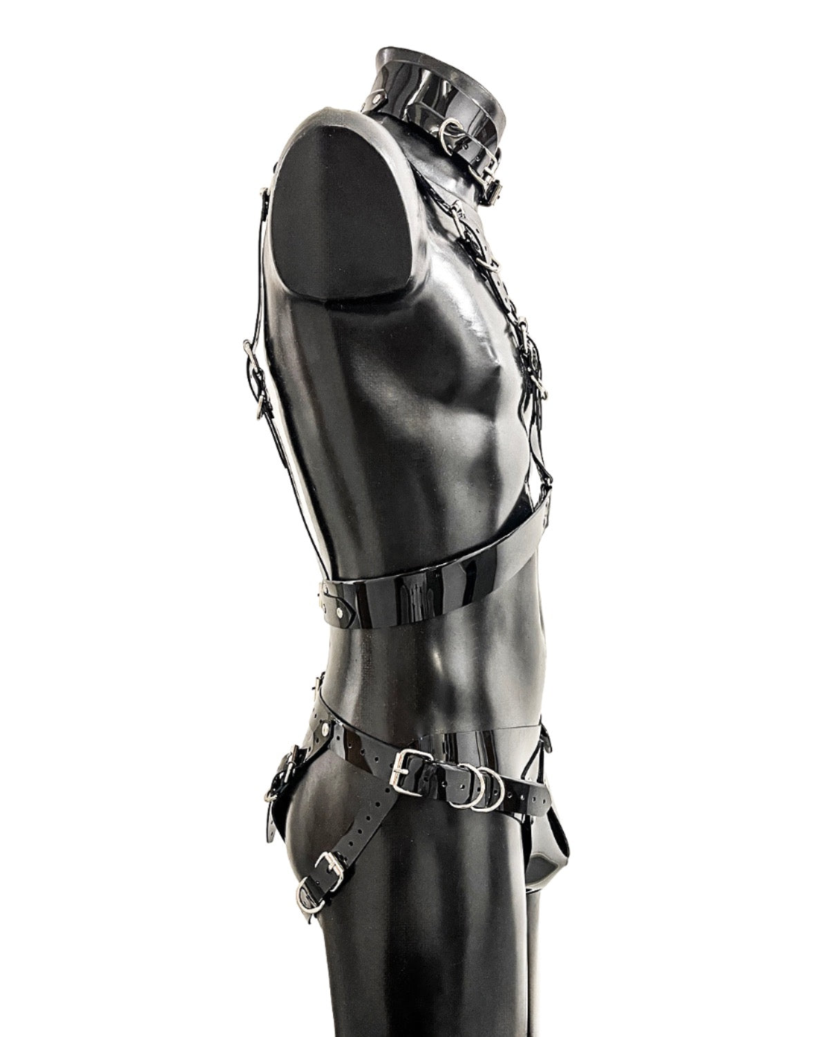 Mens vegan vinyl rave gladiator clubbing set by Jivomir Domoustchiev cosplay superhero future fashion hand crafted