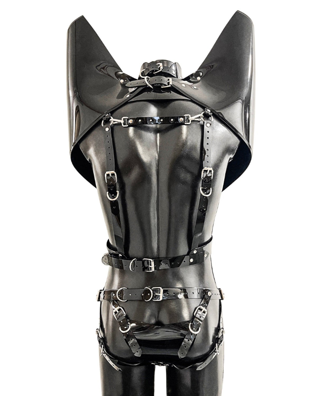 Mens vegan vinyl rave gladiator clubbing set by Jivomir Domoustchiev cosplay superhero future fashion hand crafted