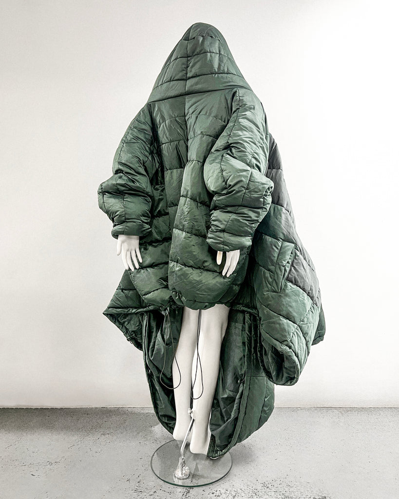 Jivomir Domoustchiev repurposed reimagine our future puffa coat jacket hand crafted to order only