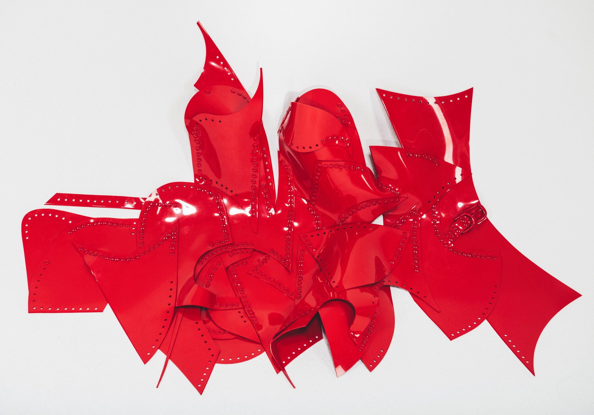 Red asymmetric future fashion vegan vinyl dress by Jivomir Domoustchiev craft designer luxury art sculpture