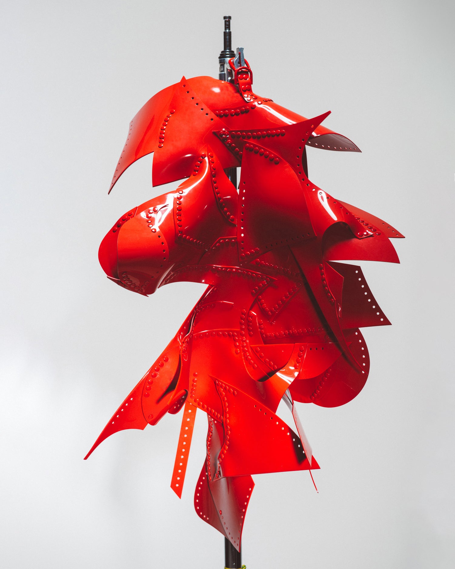 Red asymmetric future fashion vegan vinyl dress by Jivomir Domoustchiev craft designer luxury art sculpture