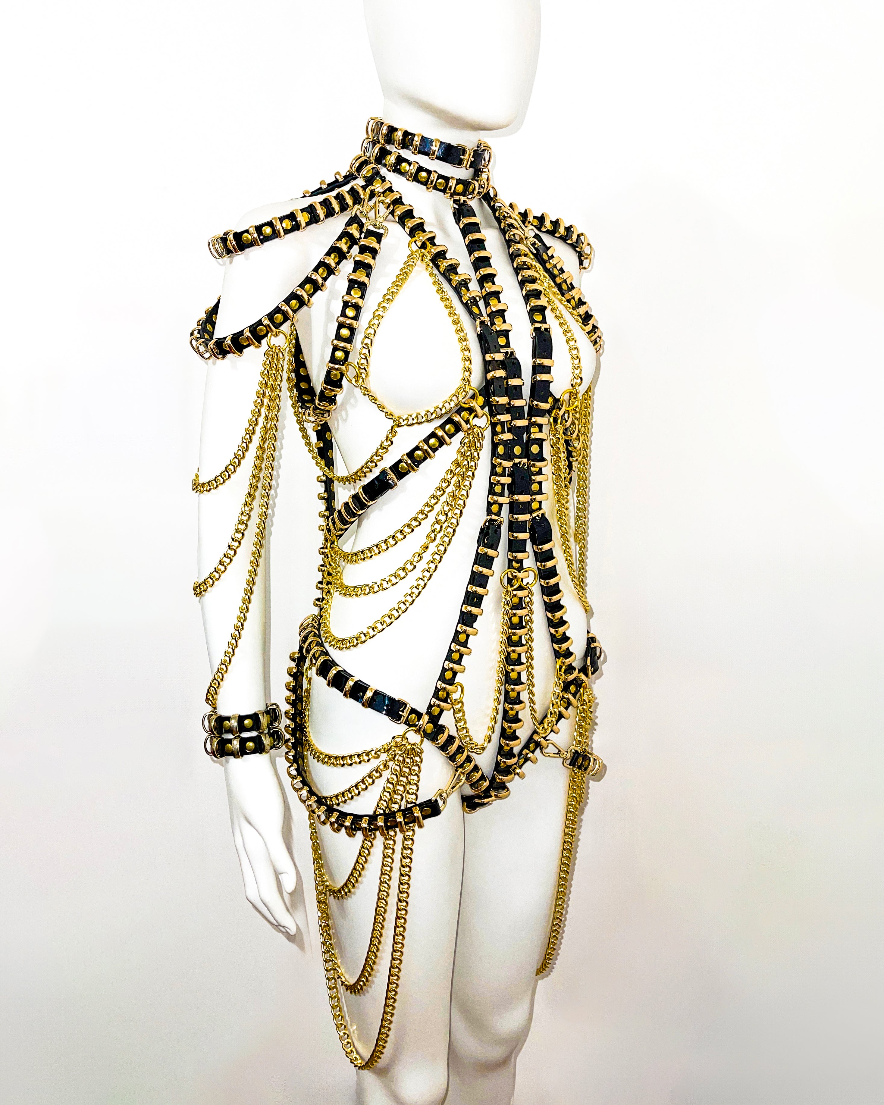 ATÉLIER JIVOMIR luxury showgirl black gold chain ring dress cabaret