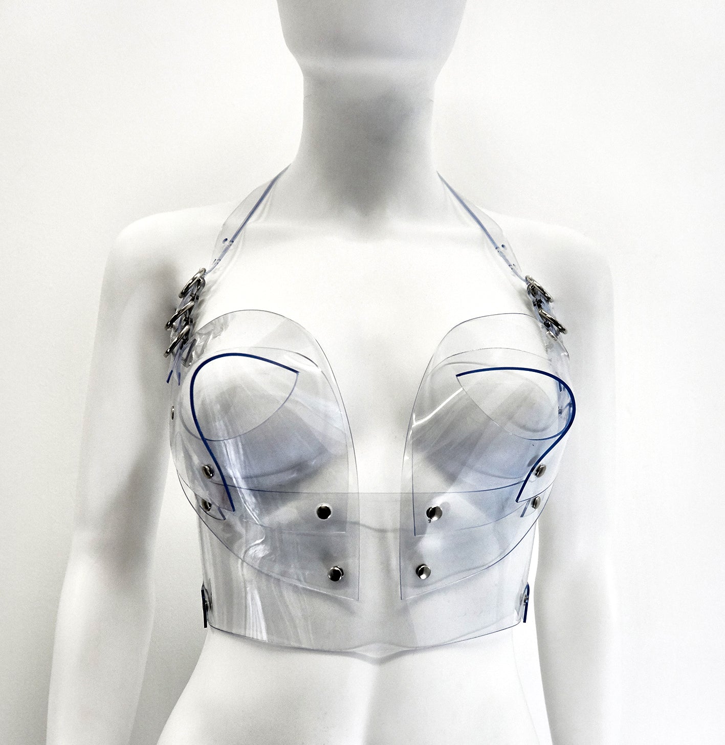 ATÉLIER JIVOMIR transparent vegan vinyl pvc bra knickers and multi ring collar set sculpture bra bustier bralet kink modern future fashion accessories craft luxury