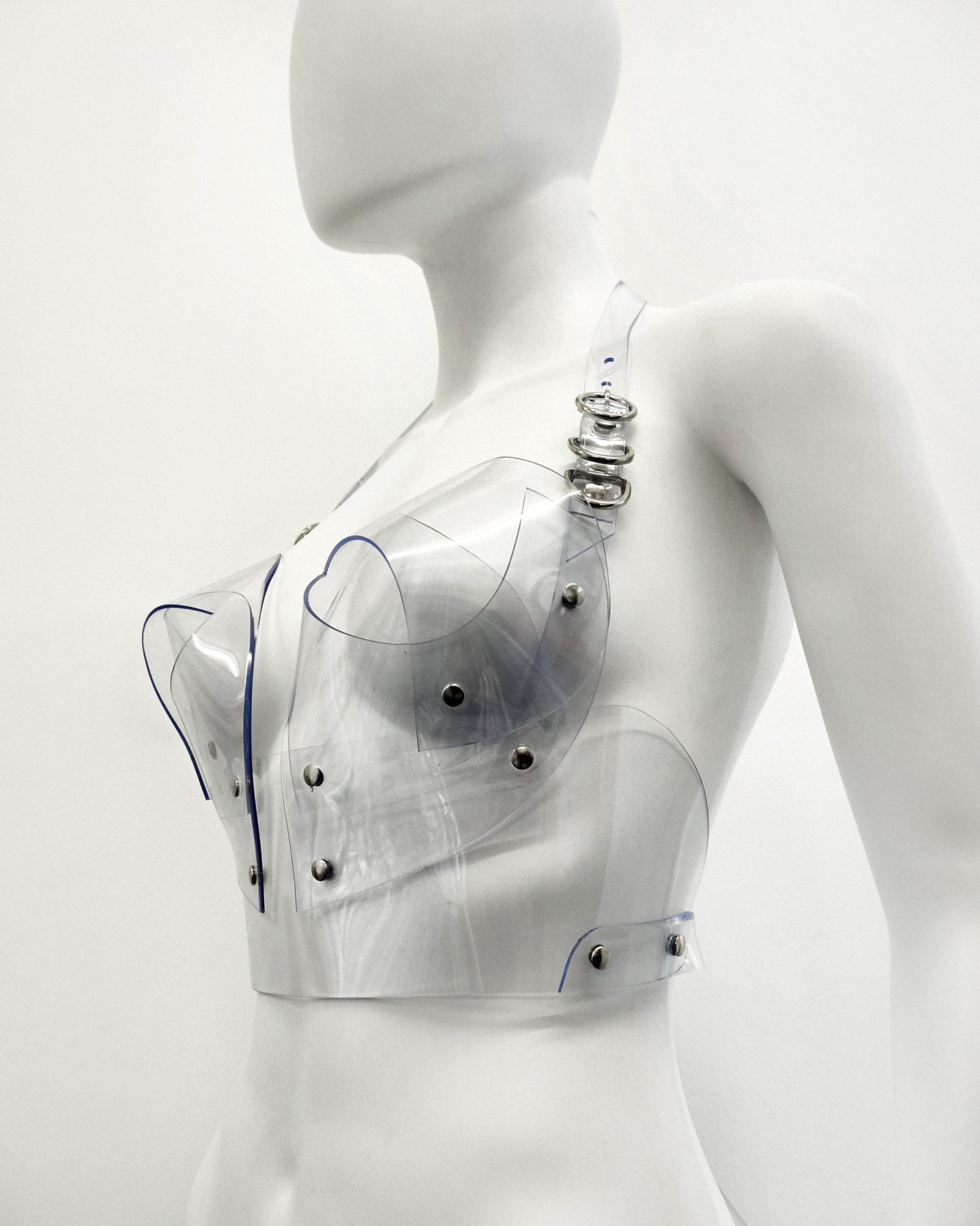 ATÉLIER JIVOMIR transparent vegan vinyl pvc bra knickers and multi ring collar set sculpture bra bustier bralet kink modern future fashion accessories craft luxury