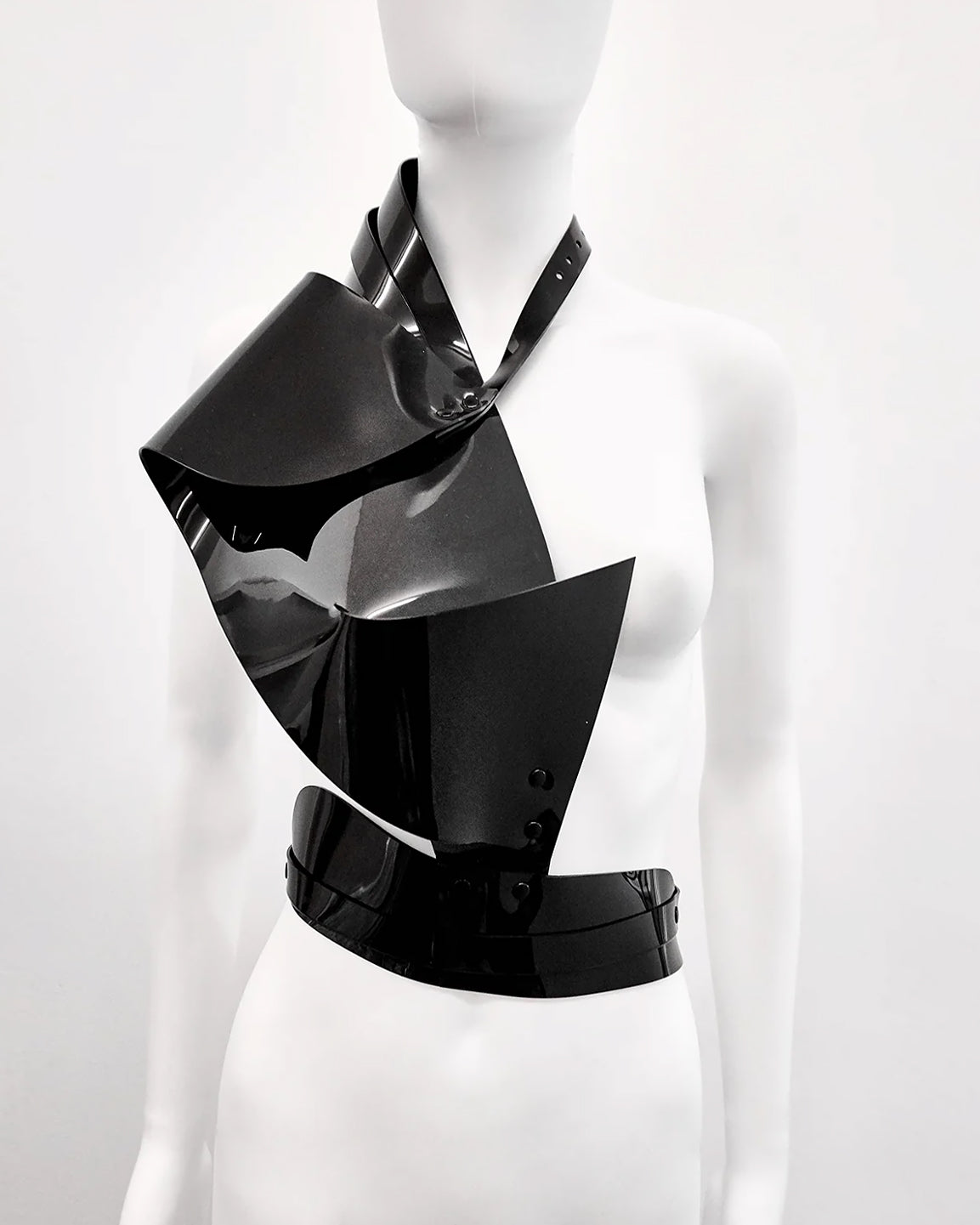 Jivomir Domoustchiev vinyl sculpture half harness belt blackJivomir Domoustchiev vegan vinyl transparent hand body harness kink fetish cosplay future robot
