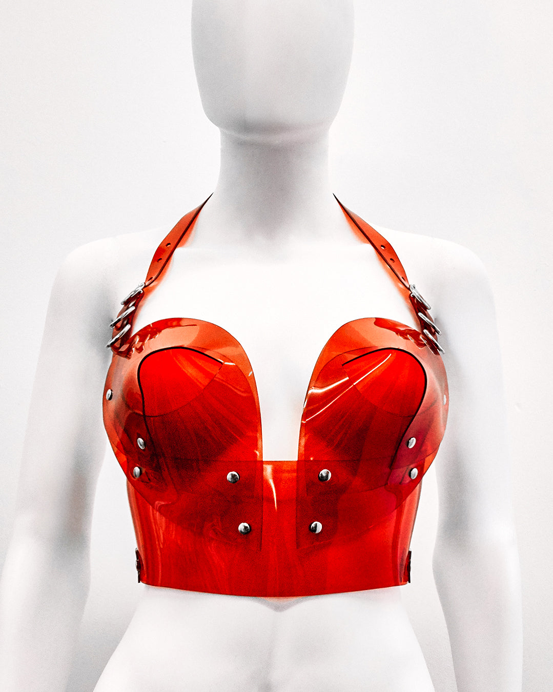 v red ATÉLIER JIVOMIR transparent vegan vinyl pvc bra knickers and multi ring collar set sculpture bra bustier bralet kink modern future fashion accessories craft luxury clear