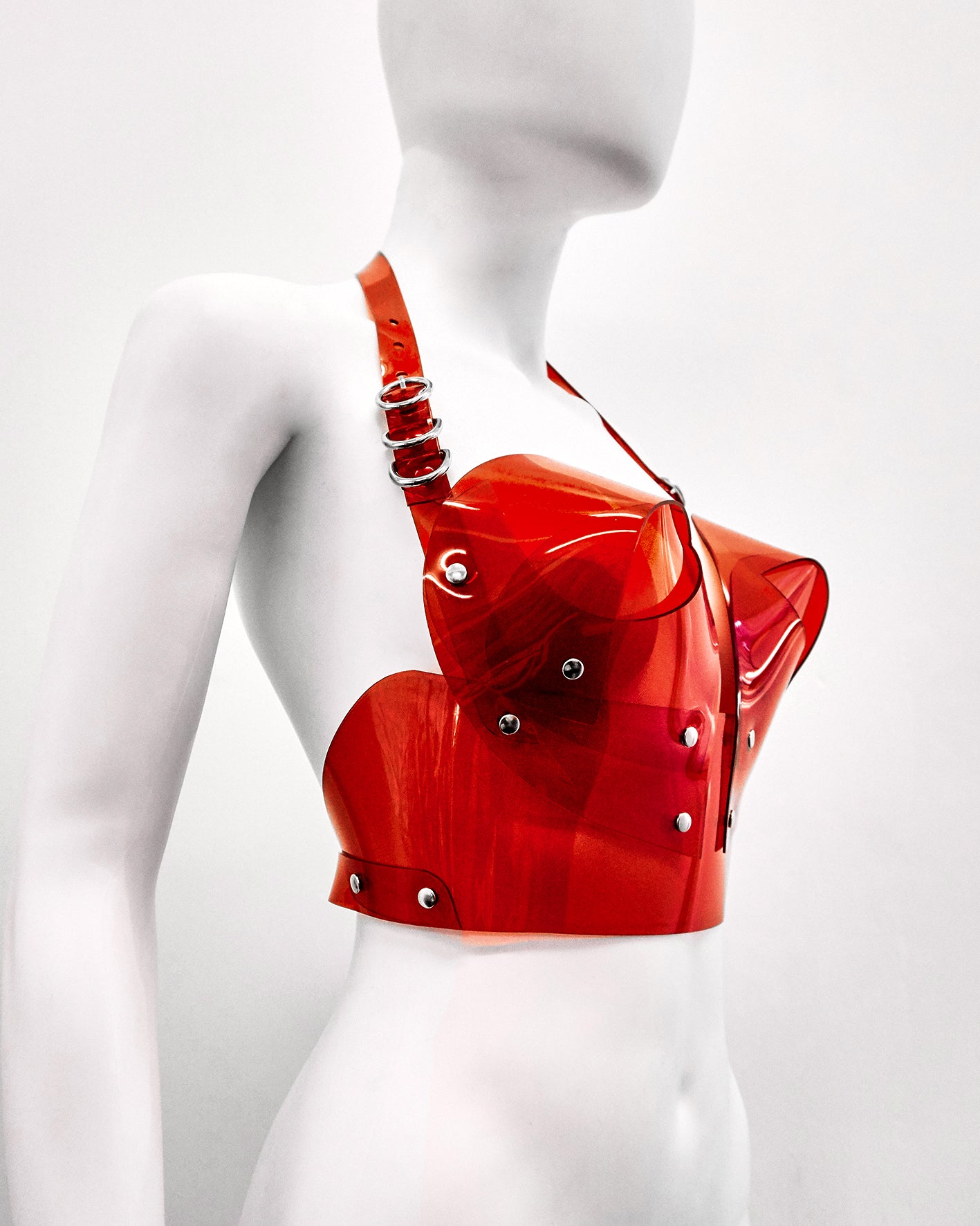 ATÉLIER JIVOMIR transparent vegan vinyl pvc bra knickers and multi ring collar set sculpture bra bustier bralet kink modern future fashion accessories craft luxury