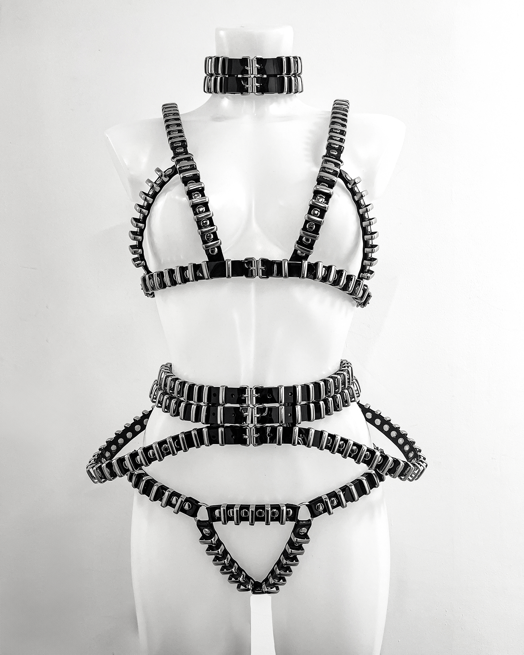 Jivomir Domoustchiev vegan vinyl pvc fashion wearable sculpture hand crafted to order only in East London Atelier independent luxury brand bras and panties knickers braves set collar choker kink belt
