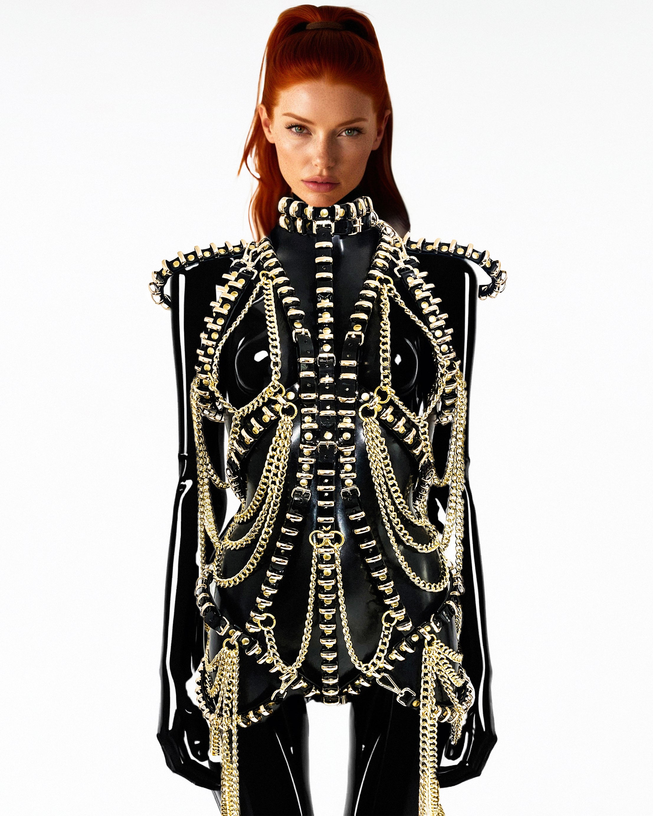 JIVOMIR DOMOUSTCHIEV VEGNA FASHION KINK MINI RING DRESS HARNESS CABARET SHOWGIRL SUPERHERO SUPERSTAR RECORDING ARTIST FUTURISTIC LUXURY GOLD