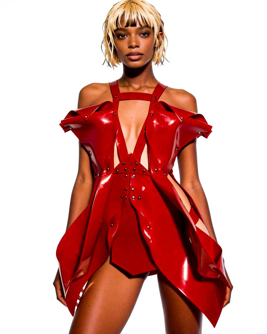 Nicki minaj No Frauds Video Red sculpture dress By Jivomir Domoustchiev featuring Drake custom designer celebrity cosplay kink vinyl vegan dress Queen Nicki robot future lux money love luxury designer