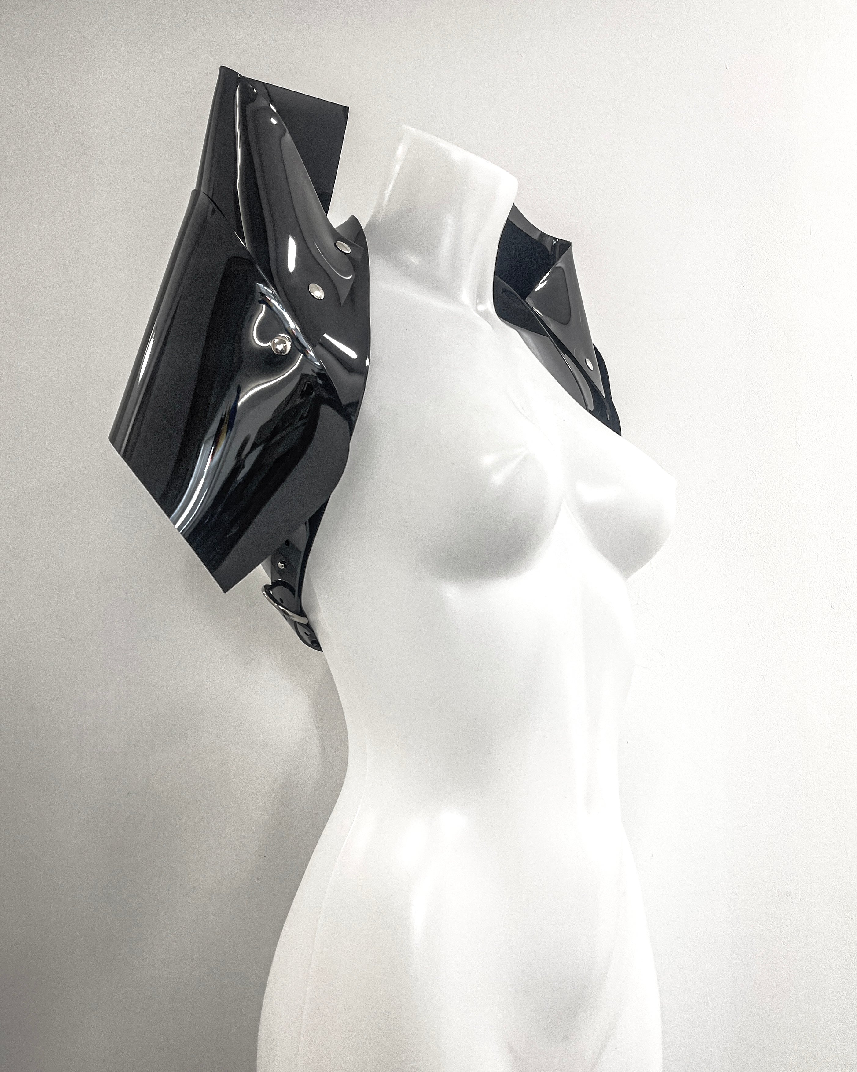 Jivomir Domoustchiev shoulder pads vegan vinyl pvc fashion wearable sculpture hand crafted to order only in East London Atelier independent luxury brand