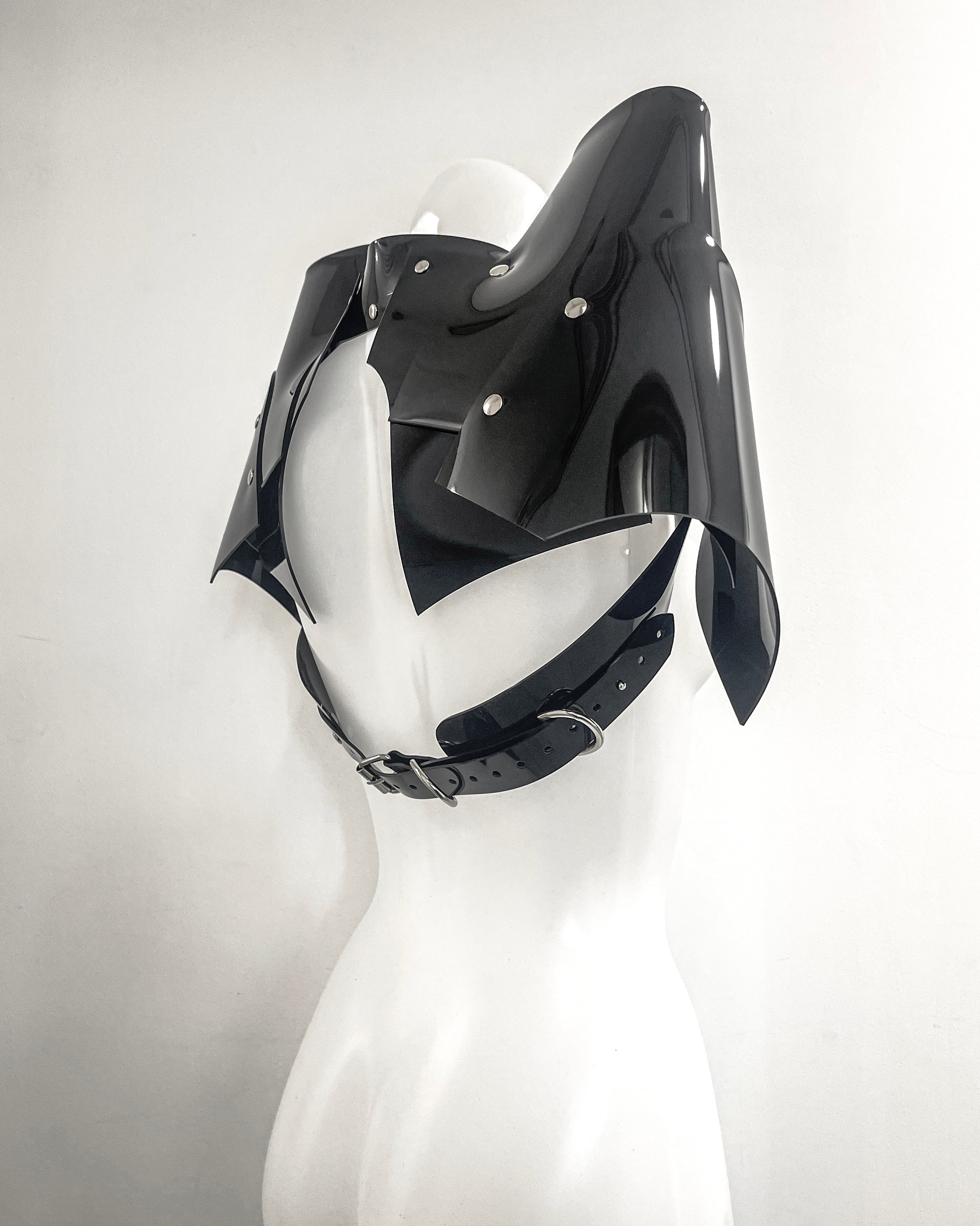 Jivomir Domoustchiev shoulder pads vegan vinyl pvc fashion wearable sculpture hand crafted to order only in East London Atelier independent luxury brand