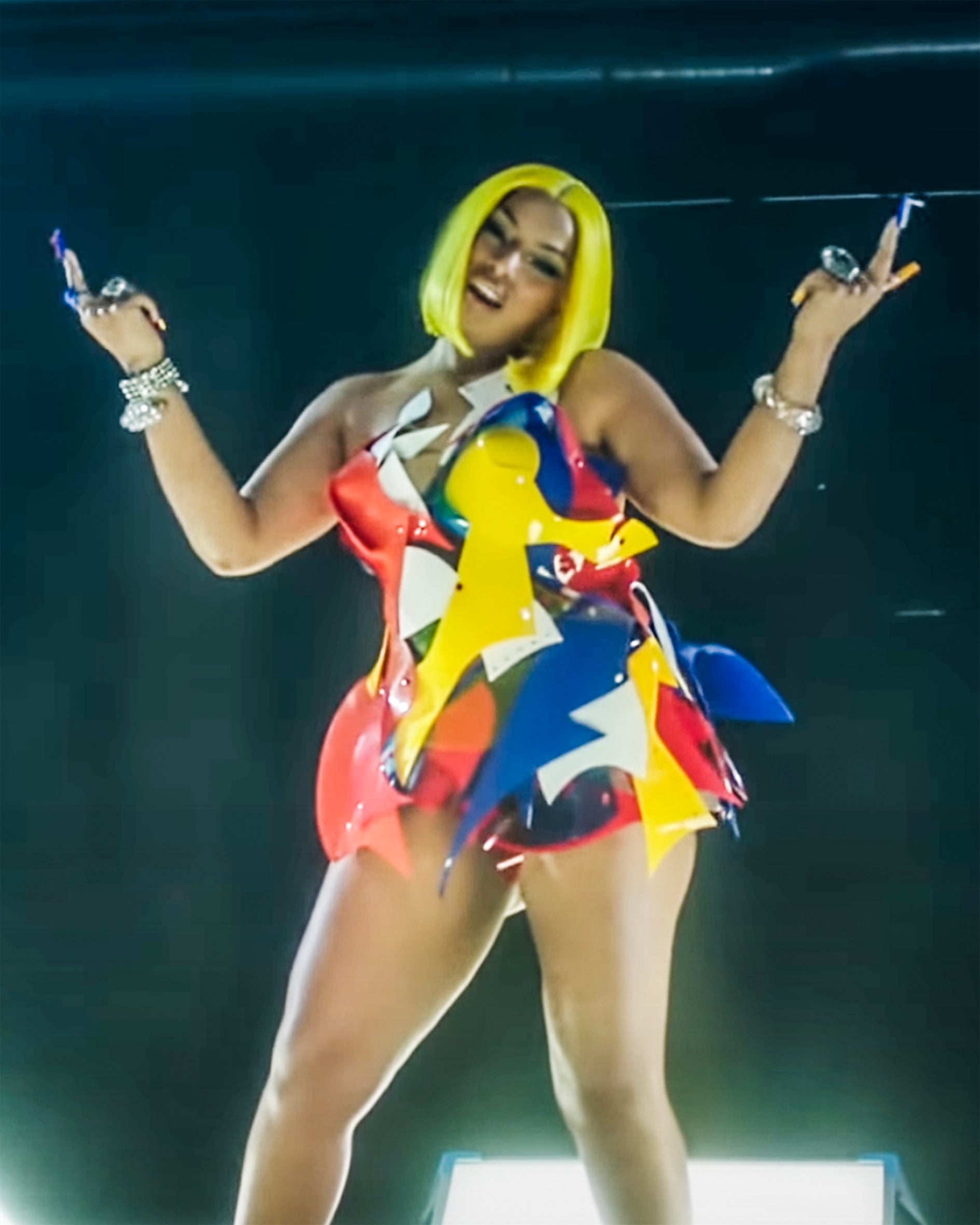 Steff London wearing Jivomir Domoustchiev Reimagineeverything dress Jivomir Domoustchiev Reimagneeverything Dress vegan vinyl wearable sculpture art reimagined future fashion couture