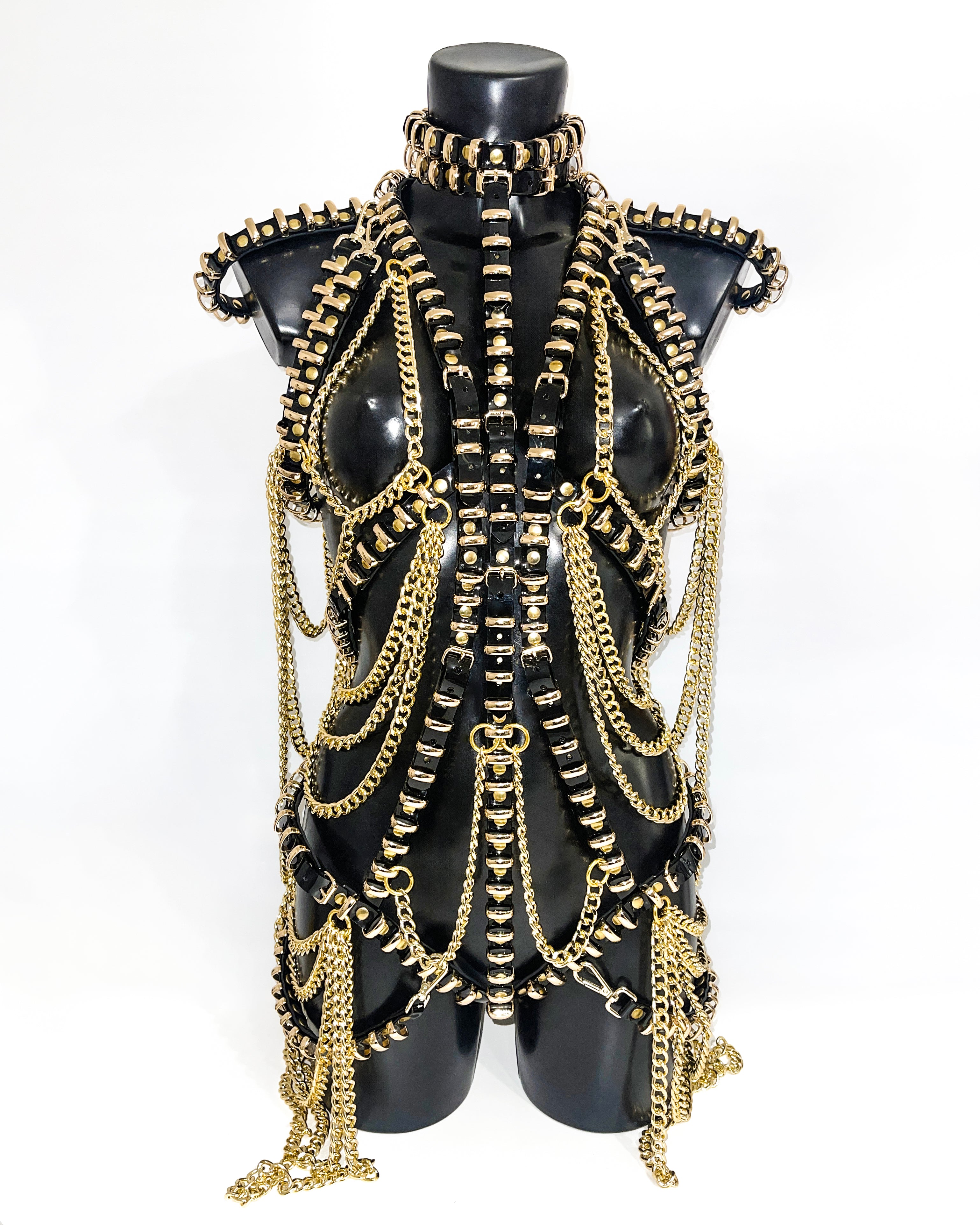 ATÉLIER JIVOMIR vegan luxury showgirl black gold chain ring dress