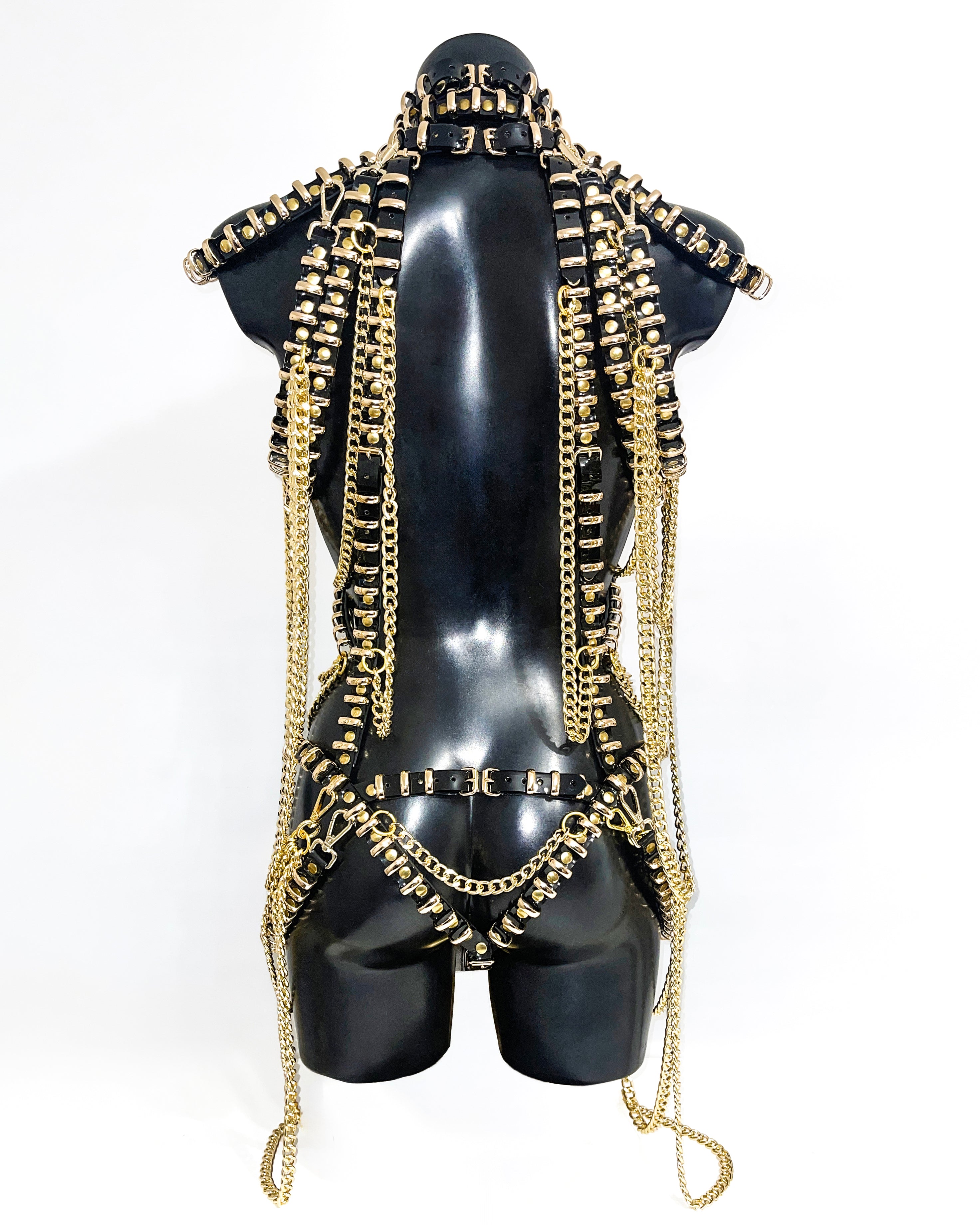 ATÉLIER JIVOMIR vegan luxury showgirl black gold chain ring dress