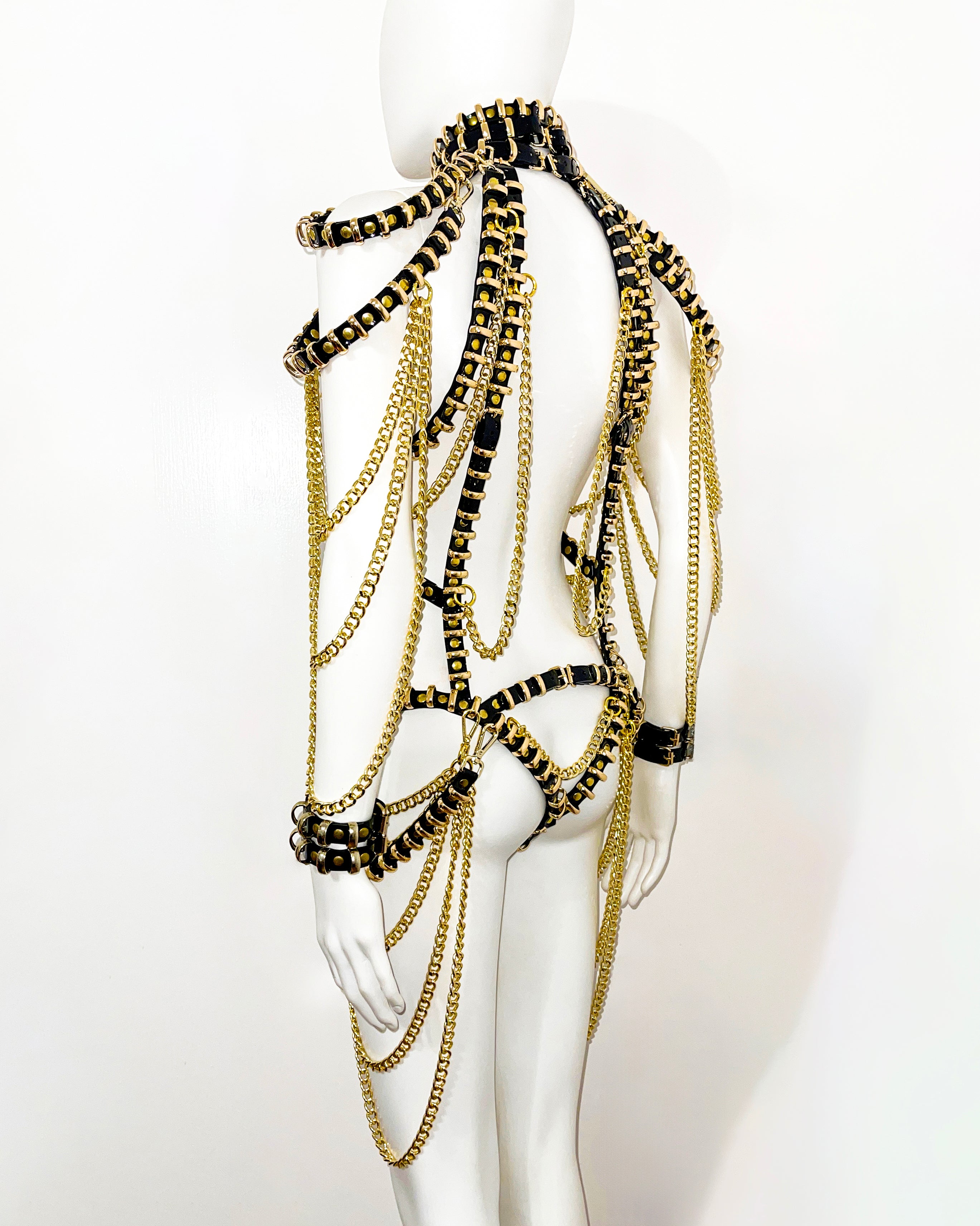 ATÉLIER JIVOMIR vegan luxury showgirl gold chain ring dress cabaret