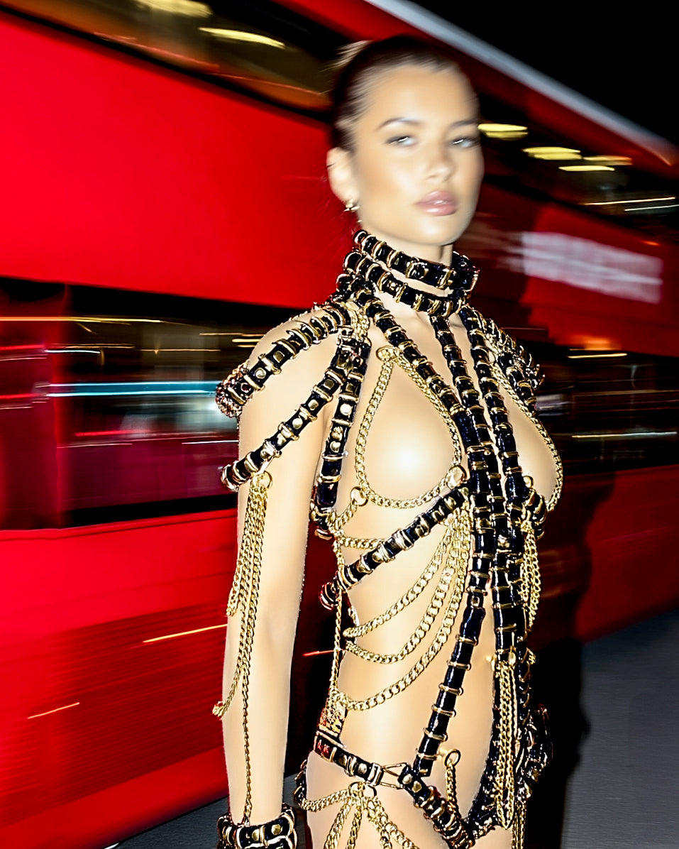 ATÉLIER JIVOMIR vegan luxury showgirl gold chain ring dress cabaret