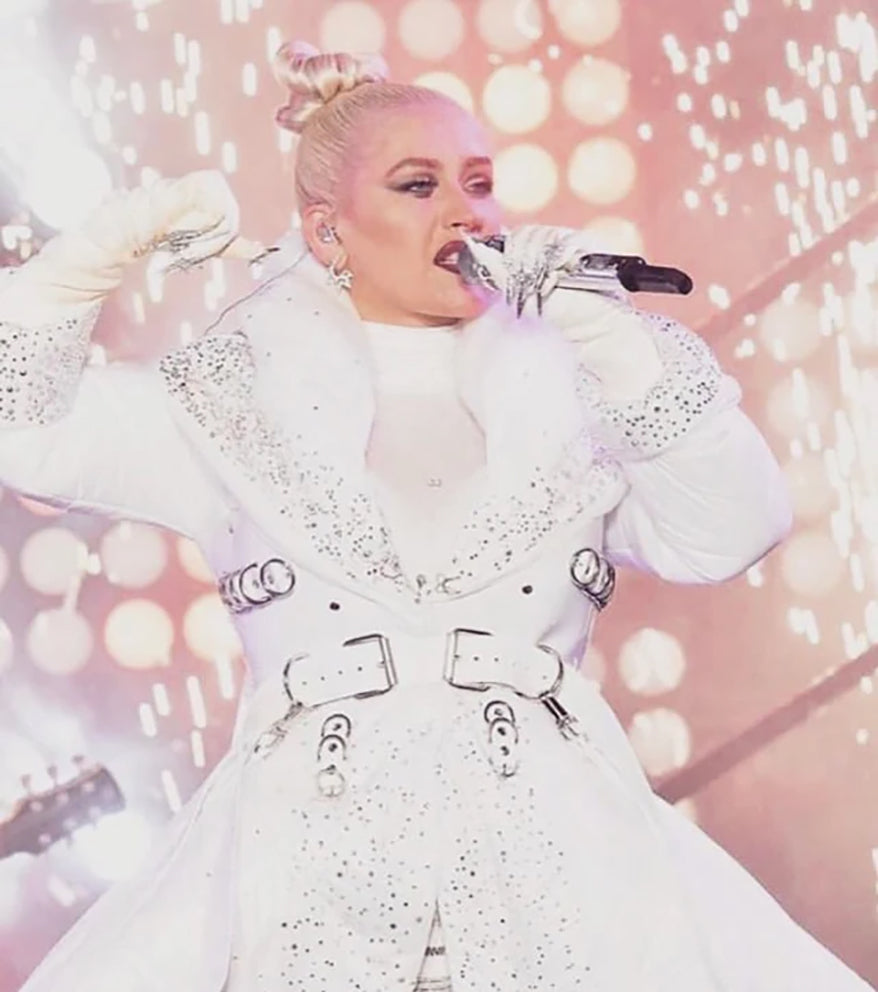 Christina María Aguilera wearing ATÉLIER JIVOMIR white vegan harness New York ball drop ceremony