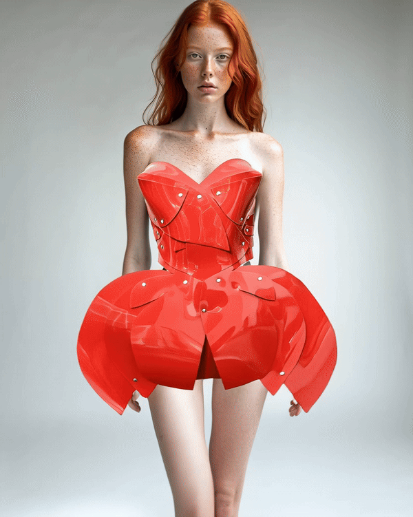 ATÉLIER JIVOMIR vegan vinyl mini little red dress sculpture kink fetish superhero cosplay luxury hand crafted designer must have crafted couture